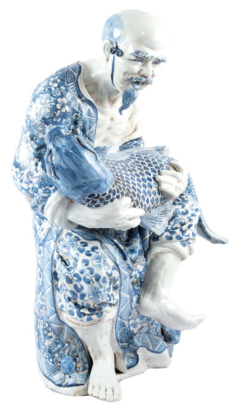 Figura di pescatore in porcellana cinese blu e bianca 1