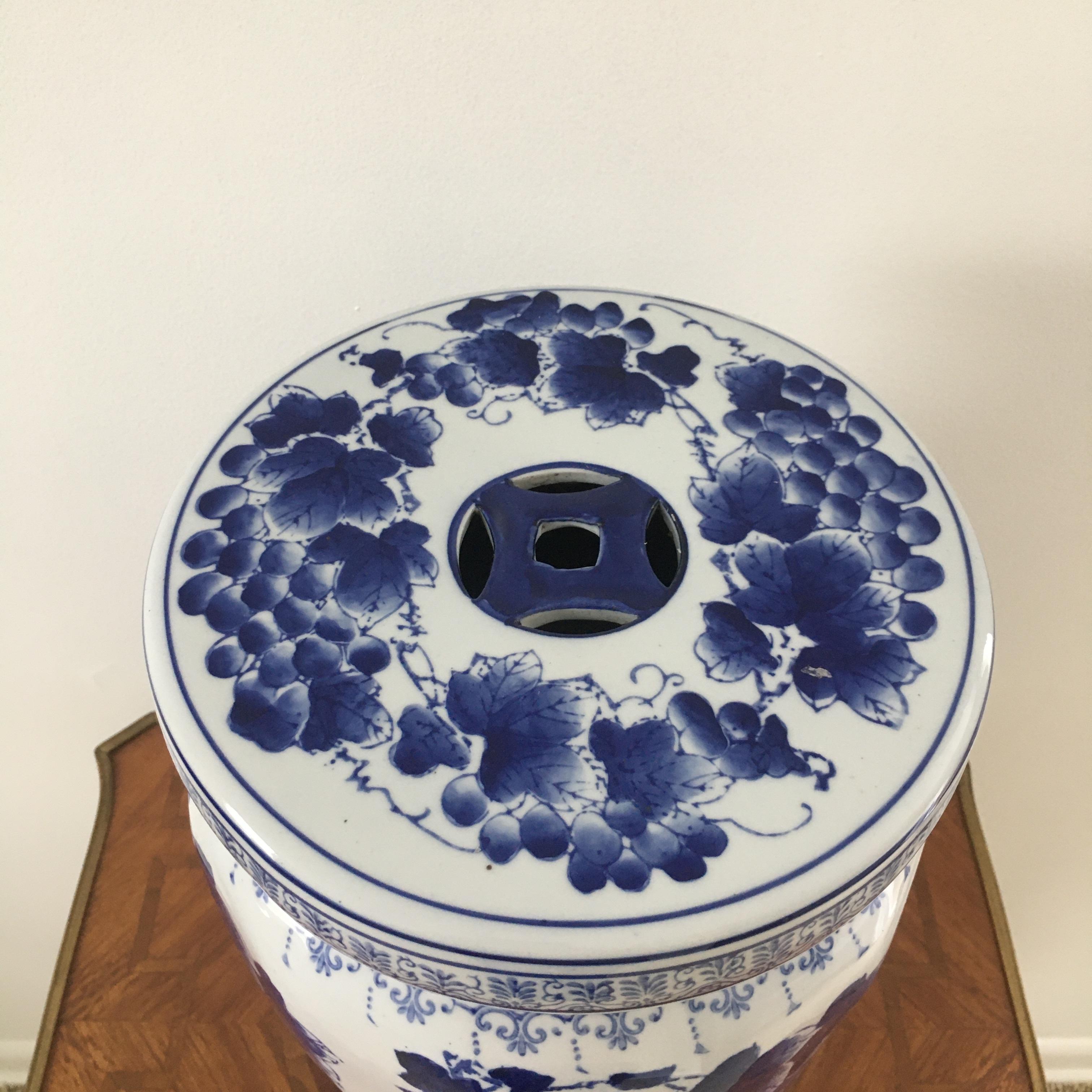 Charmant tabouret de jardin chinois en porcelaine bleue et blanche à motif de raisins.

Mesures : 10.5 