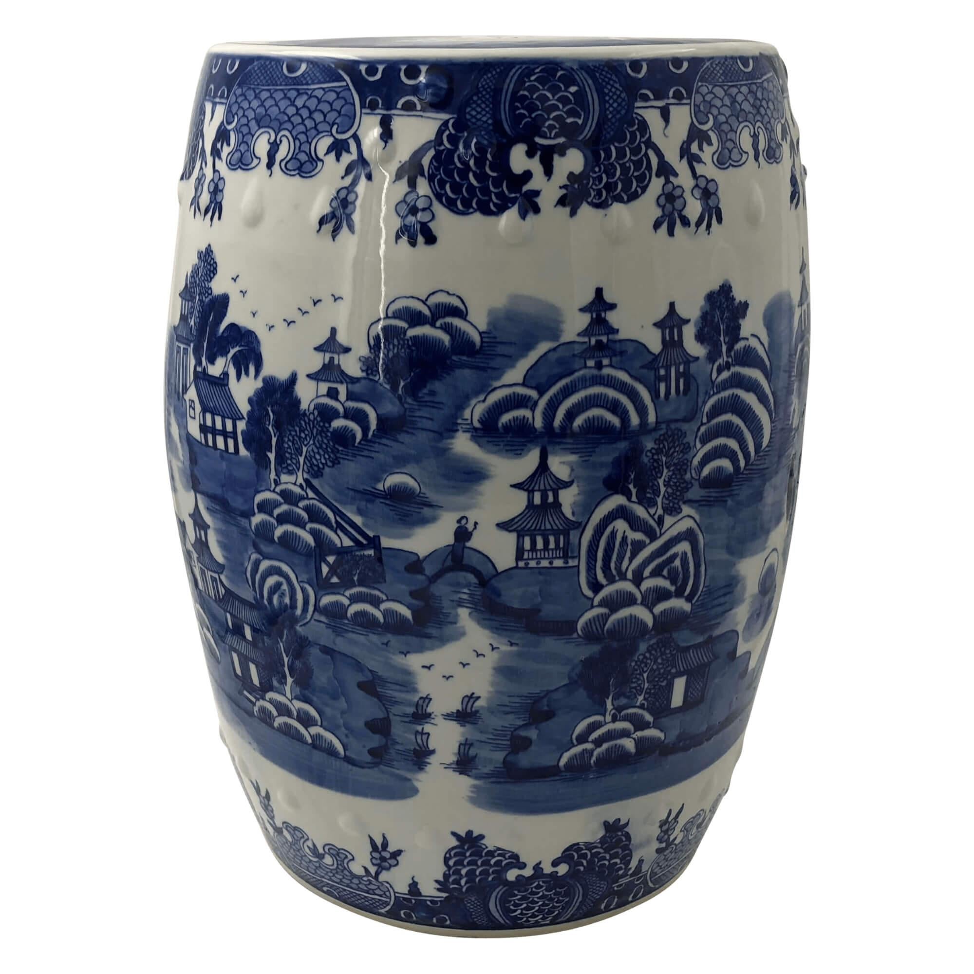 A very nice Chinese blue and white hand-painted ceramic garden stool decorated with traditional Chinese water town scenes.

Dimensions: 13.5