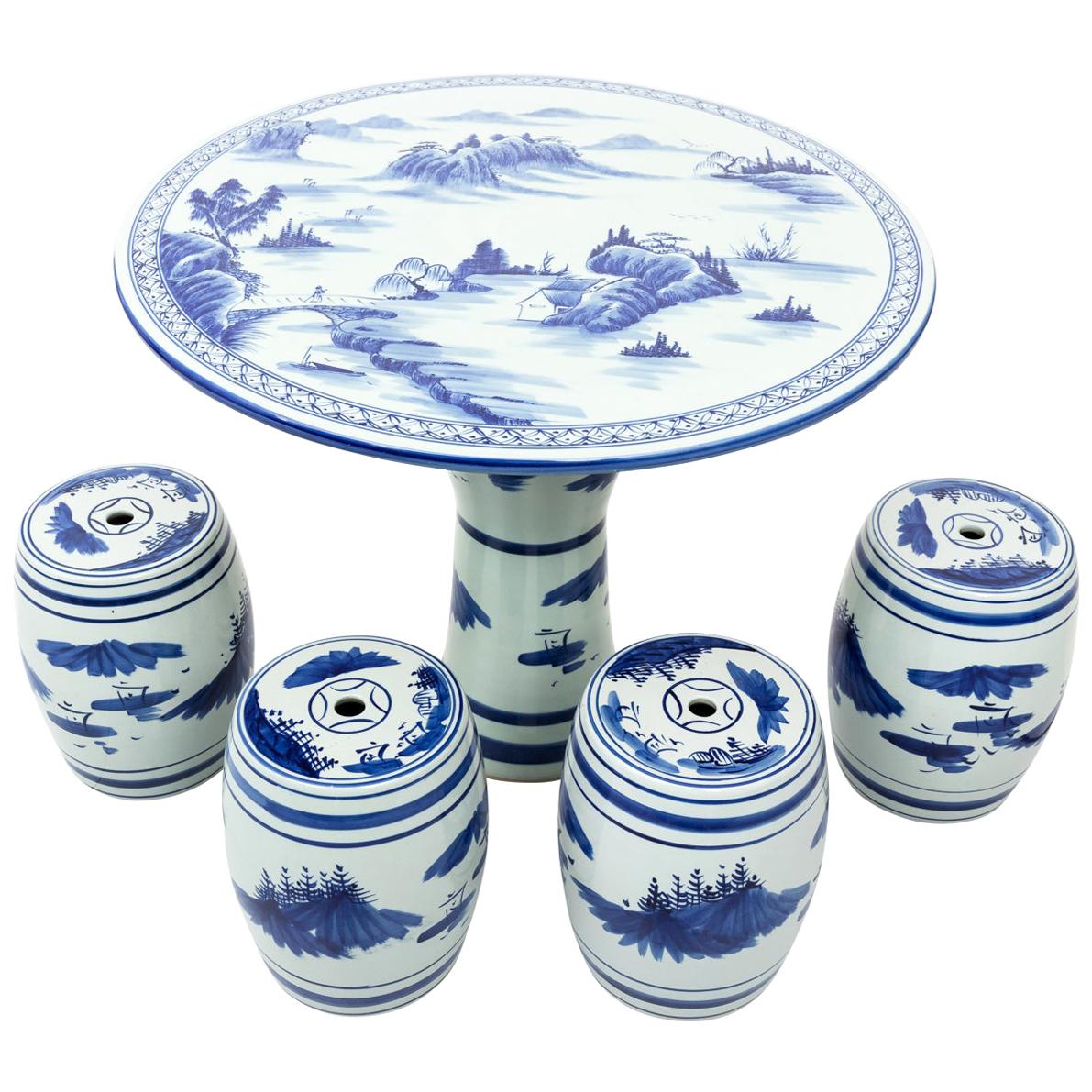 Chinese Blue and White Porcelain Garden Table with Flour Stools