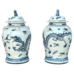 Chinese Blue and White Porcelain Jars with Lids - A Pair