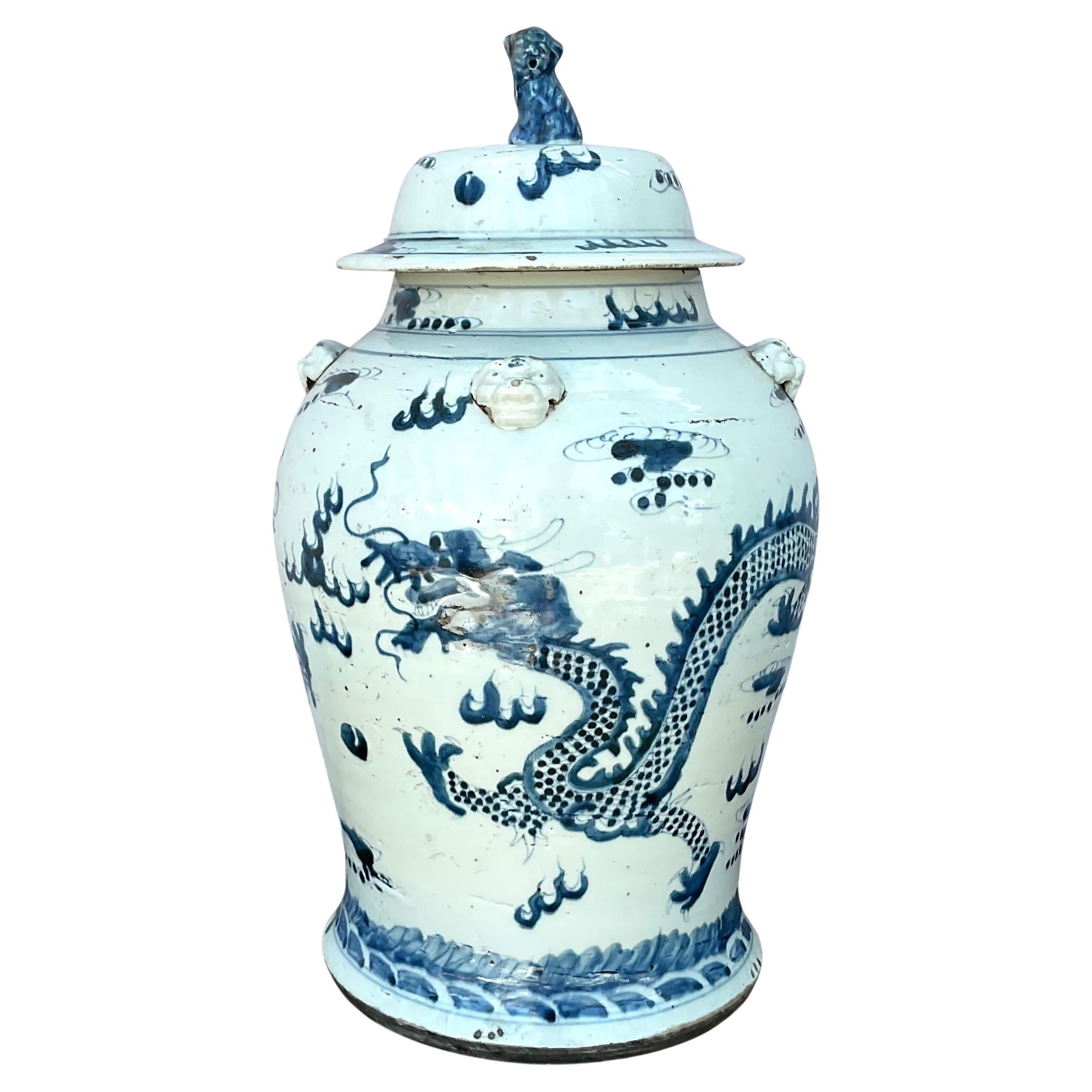 Porcellana Barattoli cinesi in porcellana bianca e blu con coperchio - Una coppia in vendita