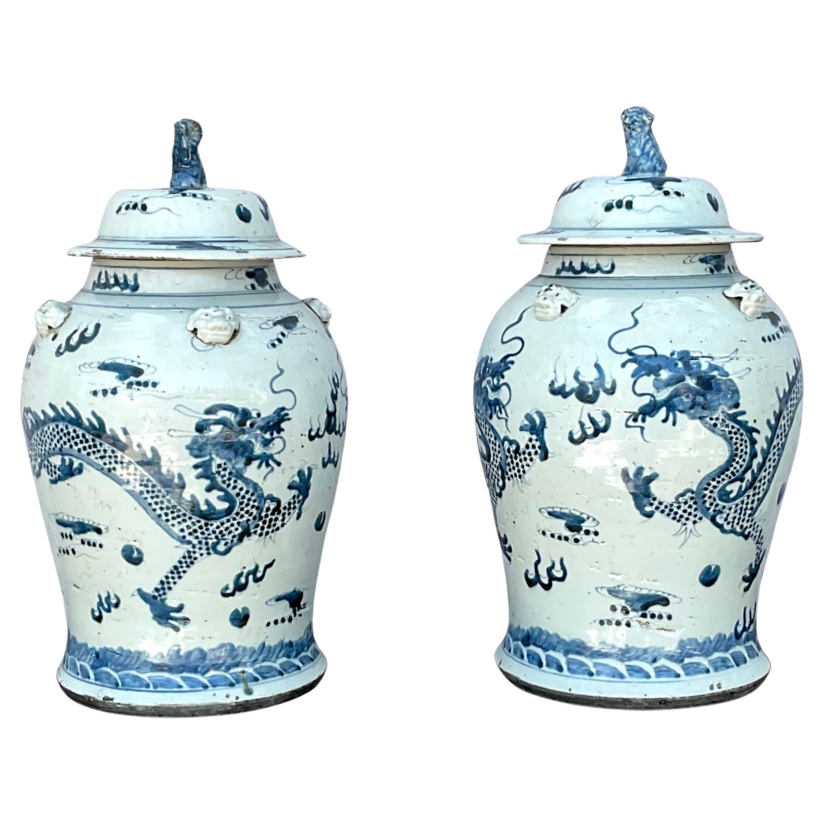 Tarros chinos de porcelana azul y blanca con tapa - Pareja