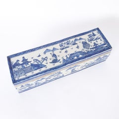 Chinese Blue and White Porcelain Lidded Box with Landscapes