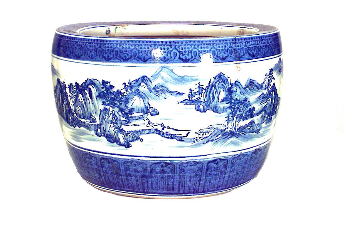 2 Asian Chinese-style (20th Century) blue and white porcelain jardinieres with scenes (PRICED EACH)