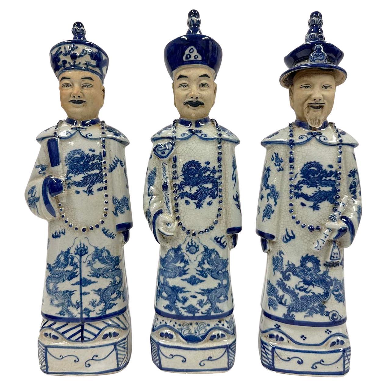 Chinese Blue and White Porcelain Qing Emperor King Figures set