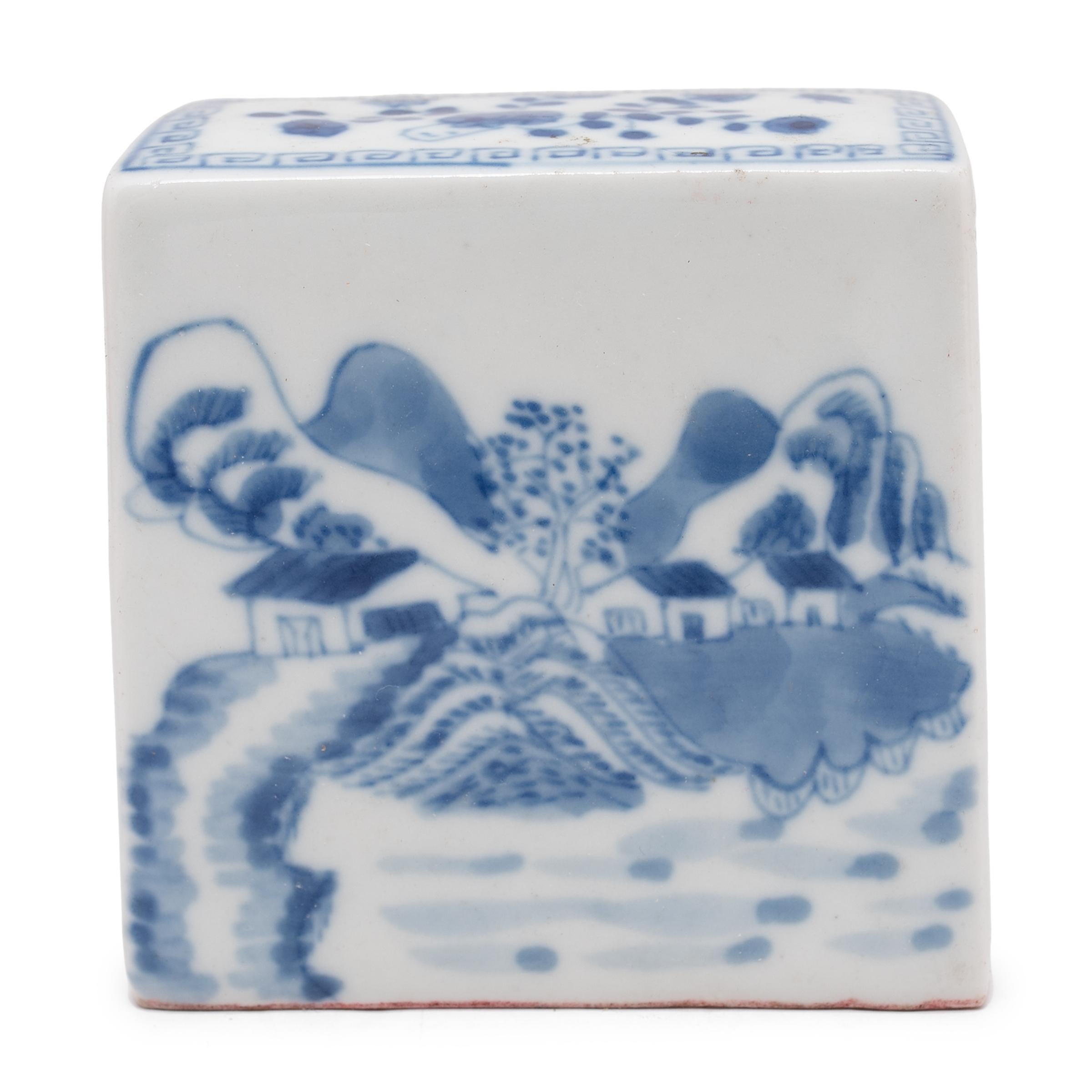 This small porcelain block recreates the personalized seals used to sign important documents throughout the Ming and Qing dynasties. Also known as a chop, such stamps were widely used by anyone who regularly signed formal documents, such as