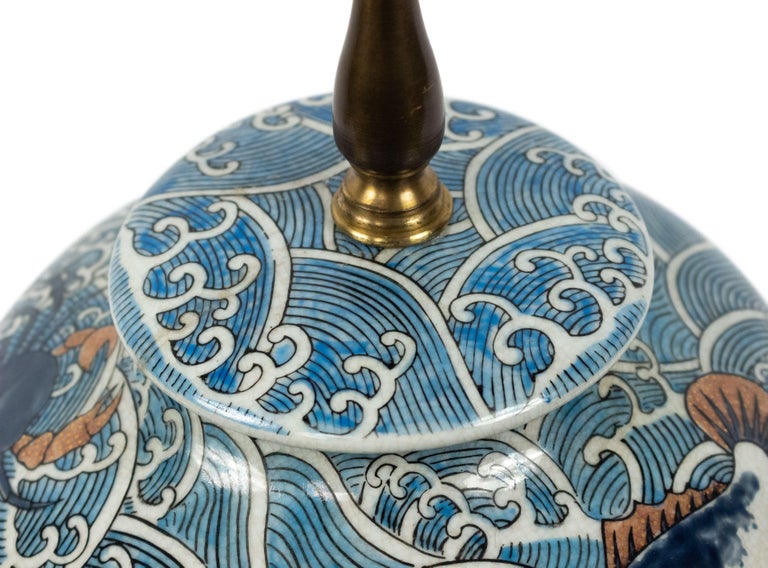 Chinese Export Chinese Blue and White Porcelain Table Lamp on Teak Base For Sale