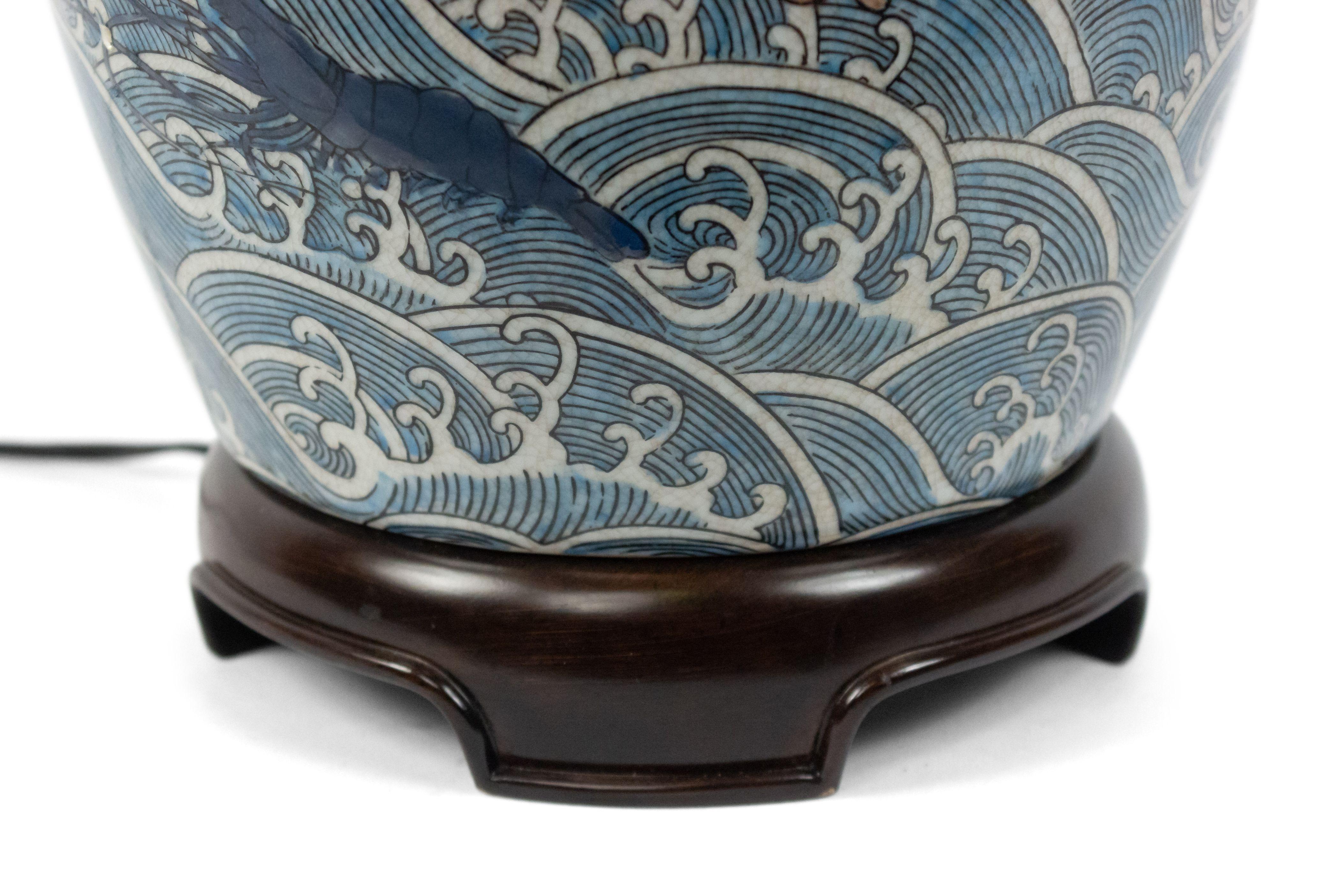 Unknown Chinese Blue and White Porcelain Table Lamp on Teak Base