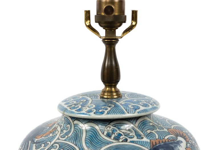 20th Century Chinese Blue and White Porcelain Table Lamp on Teak Base For Sale