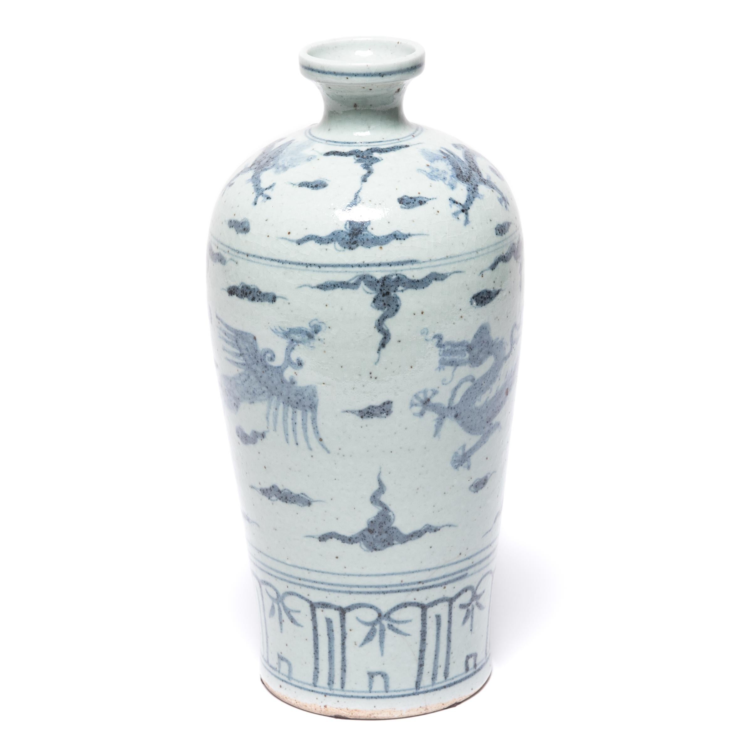 Chinese blue and white porcelain has inspired ceramists worldwide since cobalt was first introduced to China from the Middle East thousands of years ago. This contemporary version of a Classic vase made in Beijing province showcases the traditional