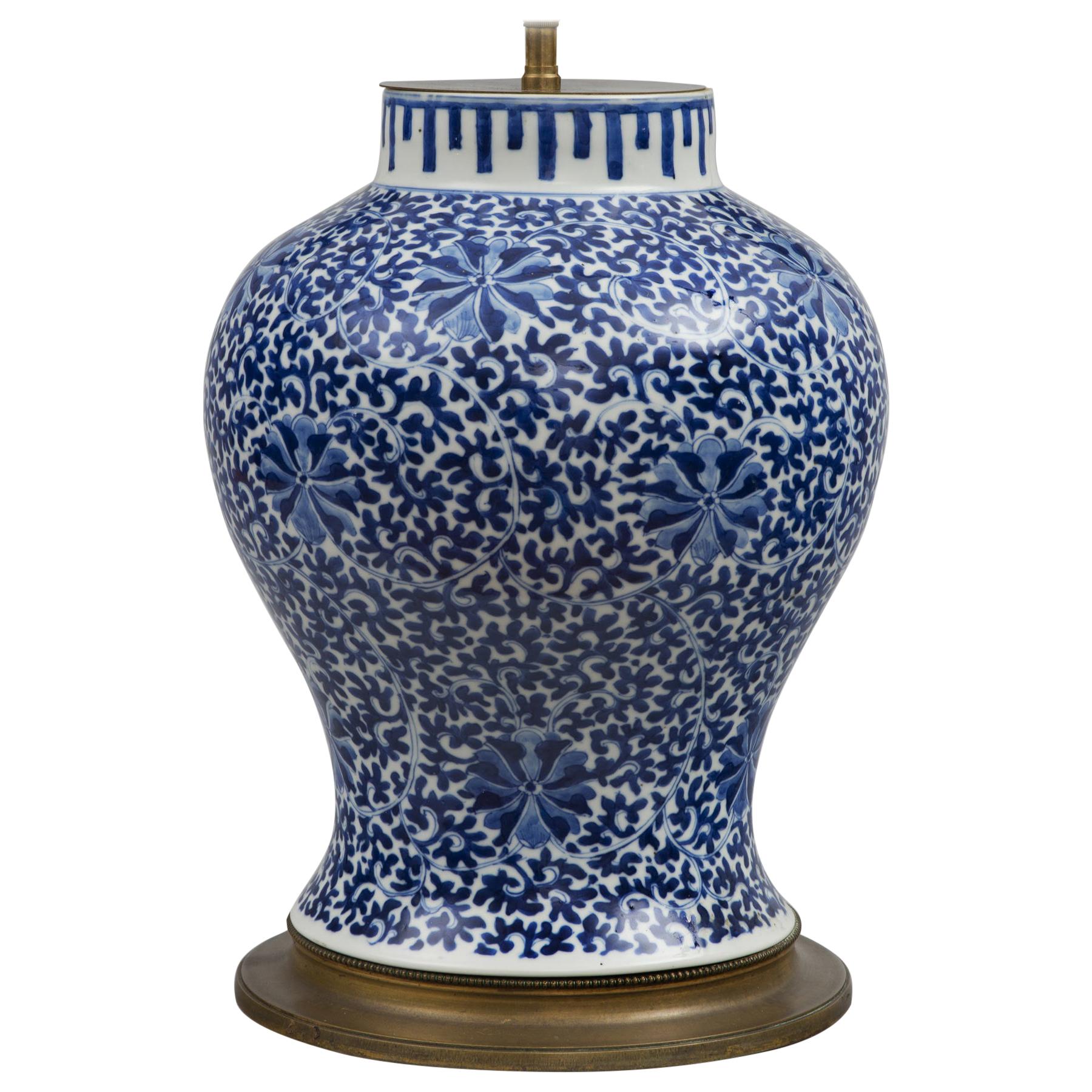 Chinese Blue and White Porcelain Vase Lamp, circa 1880 For Sale