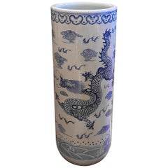 Antique Chinese Blue and White Porcelain Vase Umbrella Stand, Ornamented with a Dragon