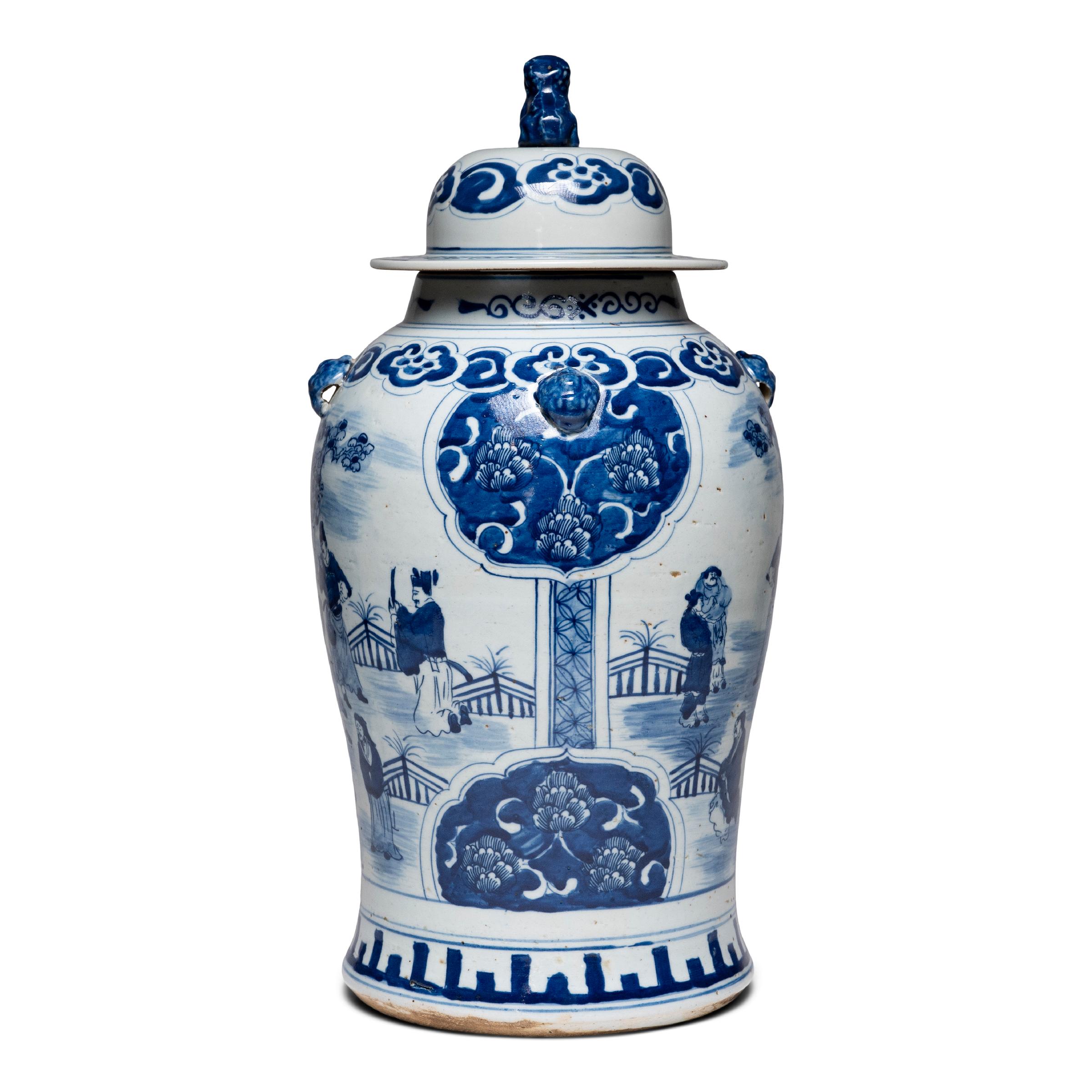 This contemporary baluster jar from artisans in Jiangxi province continues the centuries-old tradition of Chinese blue-and-white porcelain. Also known as a ginger jar or temple jar, jars of this shape were popular with noblemen who sent them to