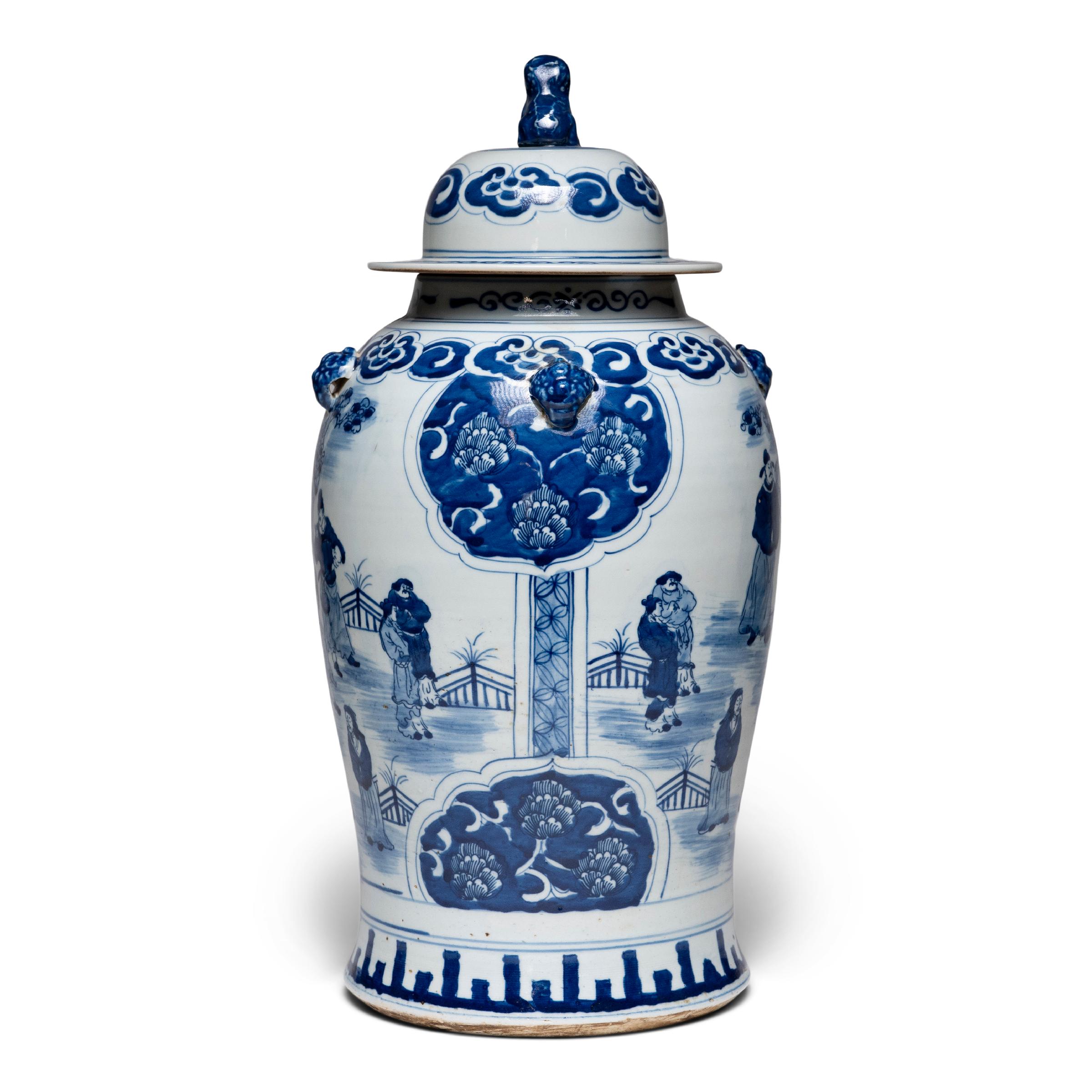 This contemporary baluster jar from artisans in Jiangxi province continues the centuries-old tradition of Chinese blue-and-white porcelain. Also known as a ginger jar or temple jar, jars of this shape were popular with noblemen who sent them to