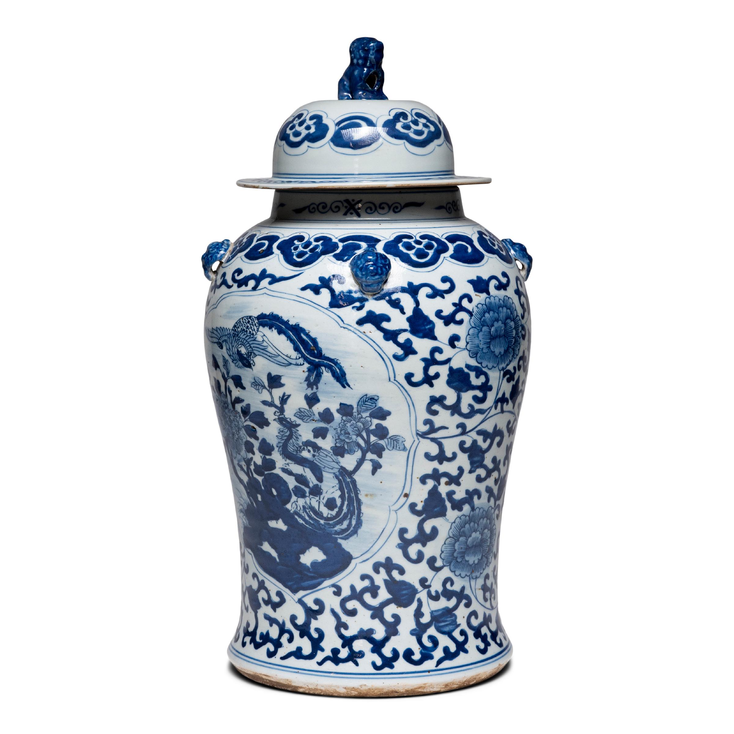 Glazed Chinese Blue and White Scholars' Garden Baluster Jar For Sale
