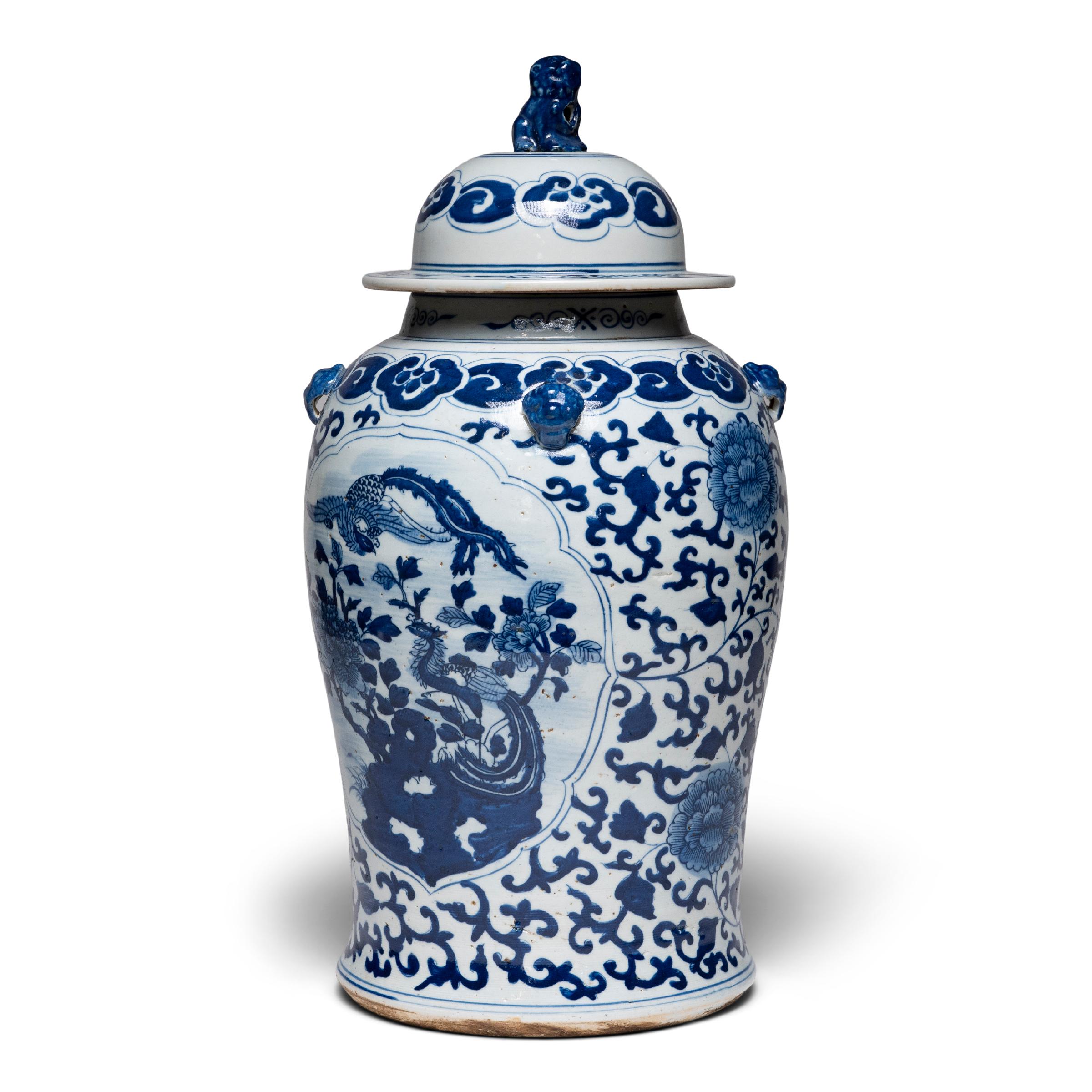 Glazed Chinese Blue and White Scholars' Garden Baluster Jar For Sale