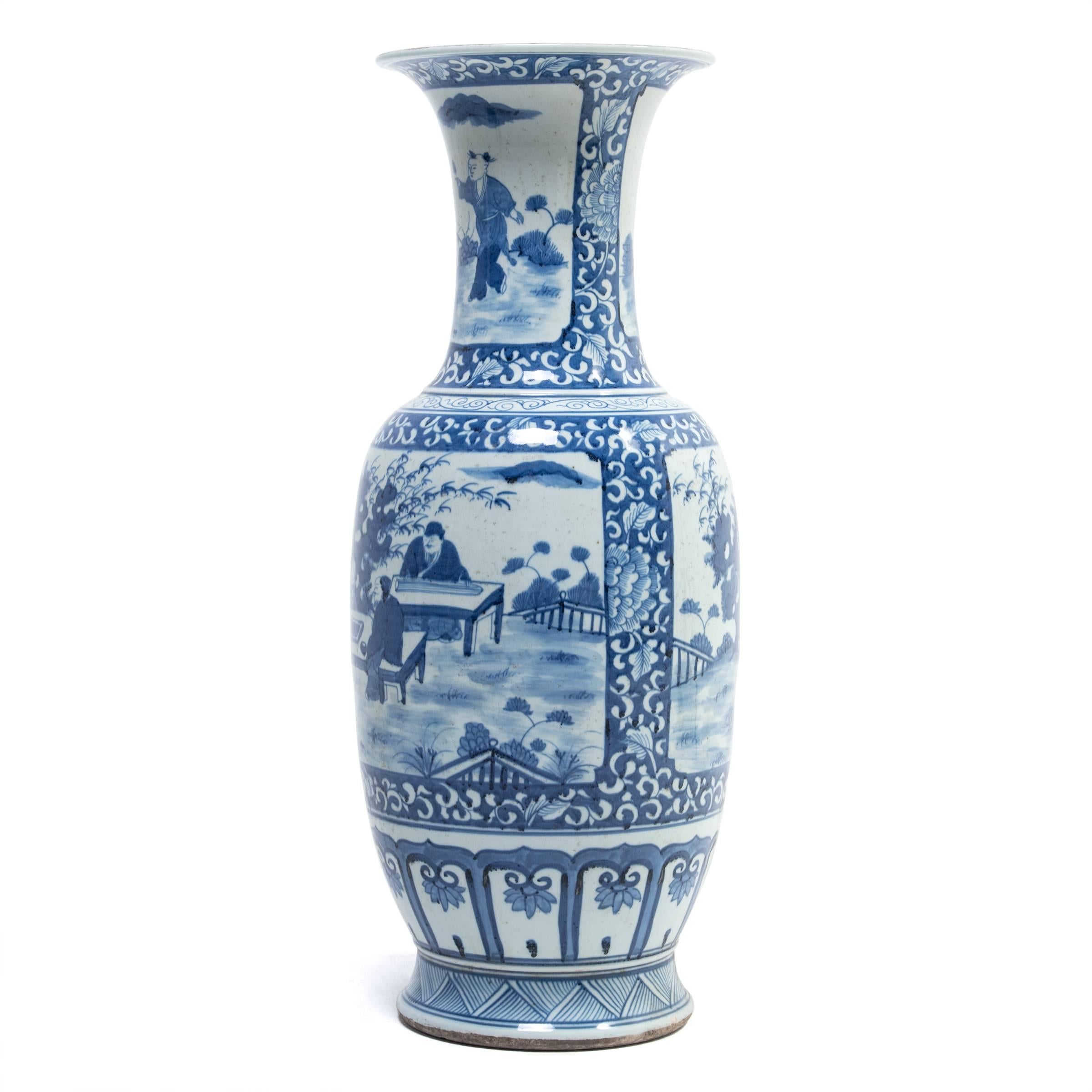 Chinese blue-and-white ceramics have inspired ceramists worldwide since cobalt was first introduced to China from the Middle East thousands of years ago. This contemporary vase from Jiangxi province is formed in a traditional curved shape known as