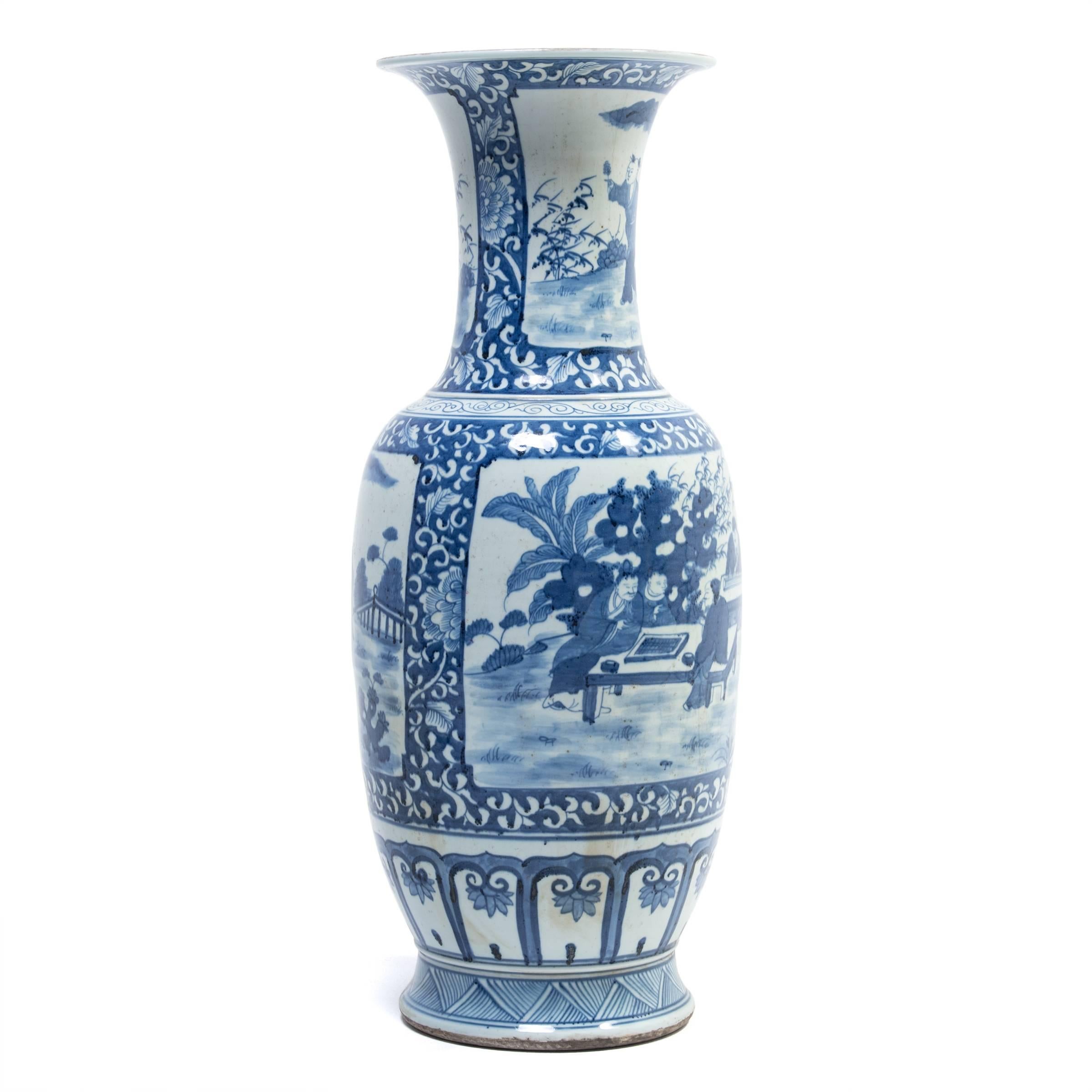 Chinese Export Blue and White Chinese Floor Vase with Scholars' Garden For Sale