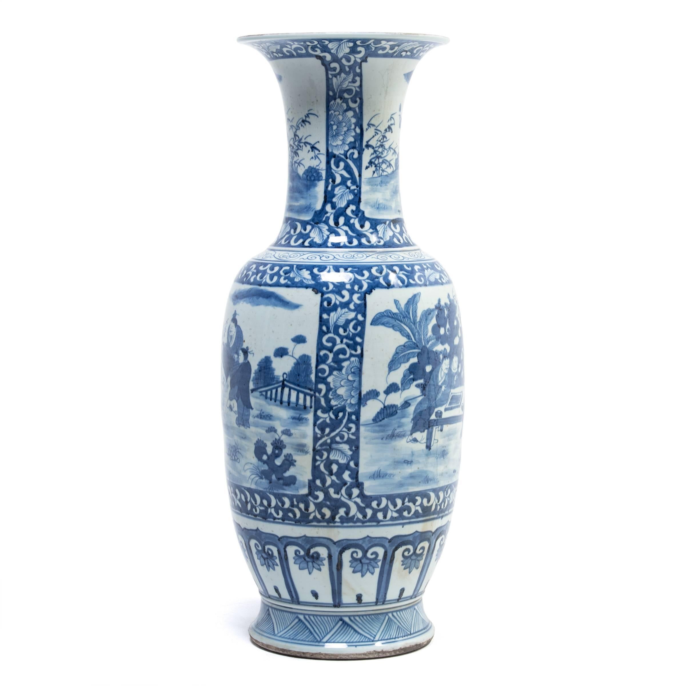 Glazed Blue and White Chinese Floor Vase with Scholars' Garden For Sale