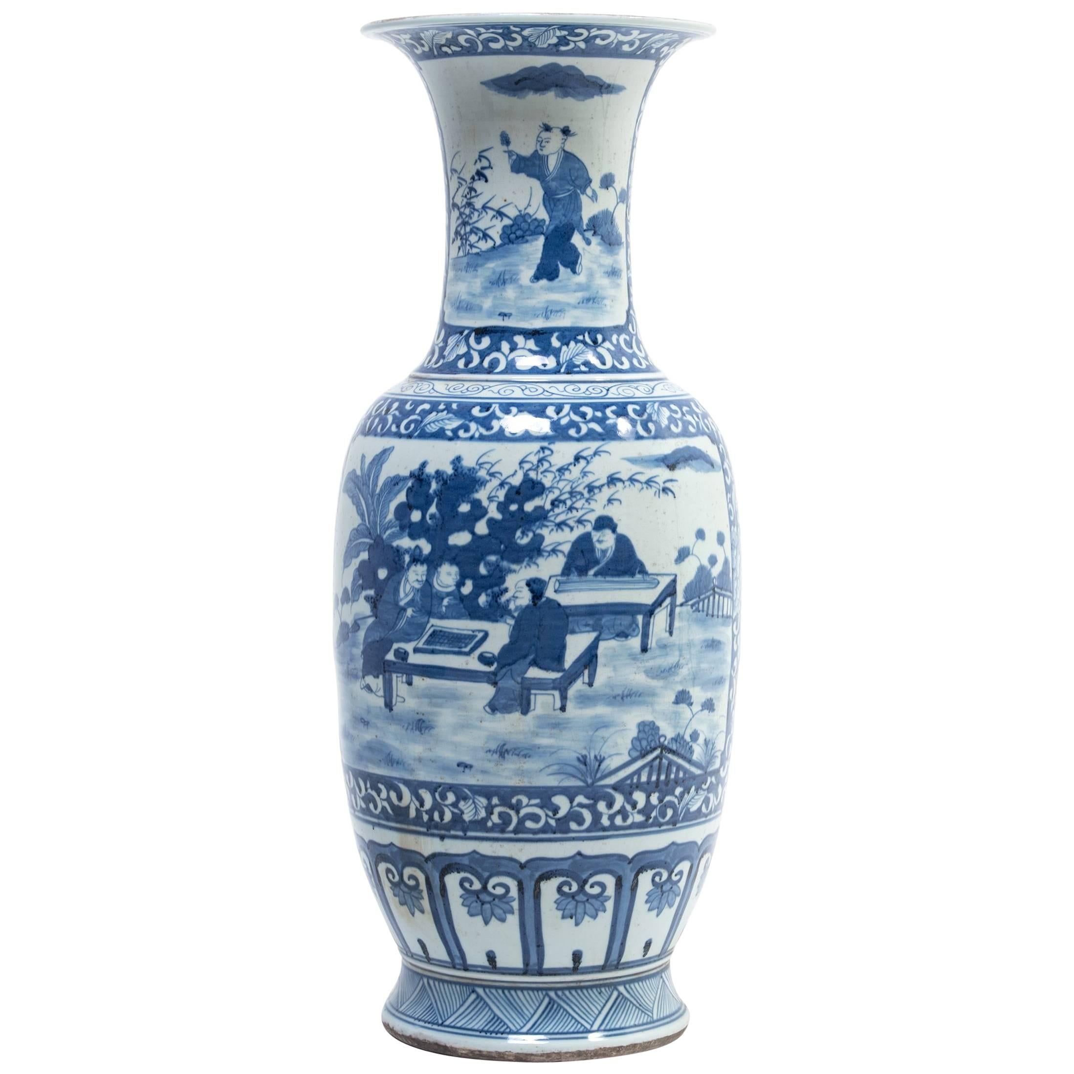 Blue and White Chinese Floor Vase with Scholars' Garden