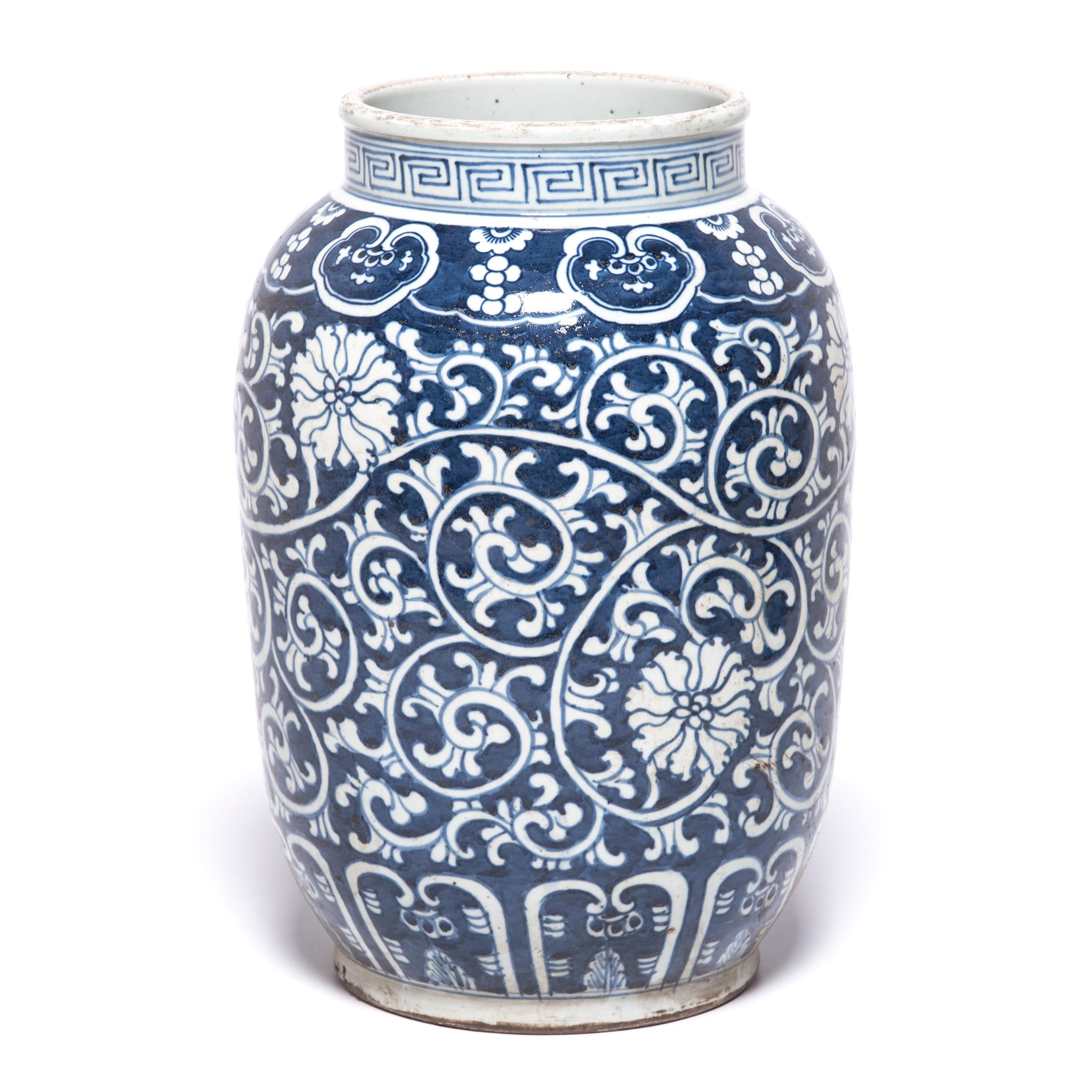 Glazed Chinese Blue and White Scrolling Vine Jar For Sale