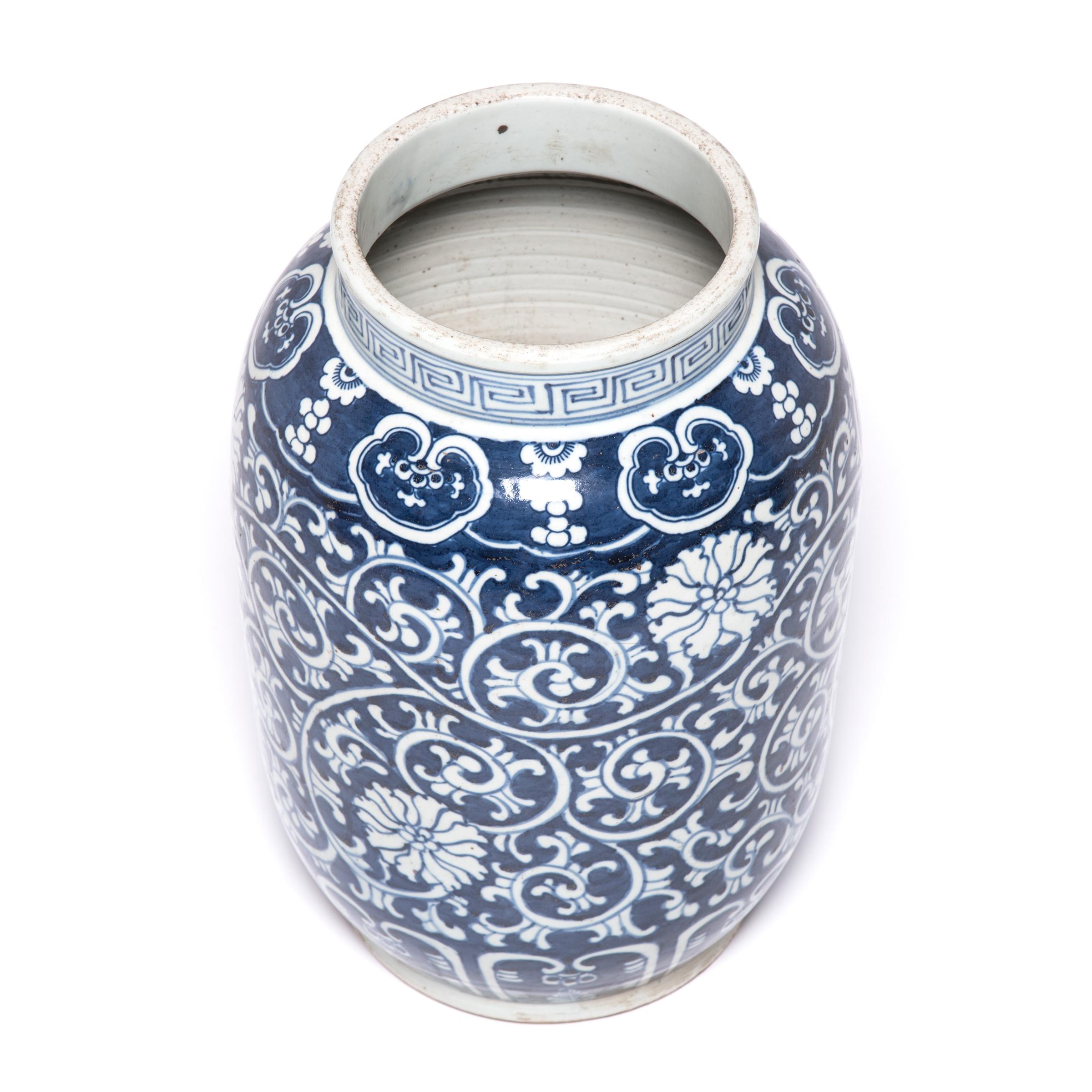Contemporary Chinese Blue and White Scrolling Vine Jar For Sale