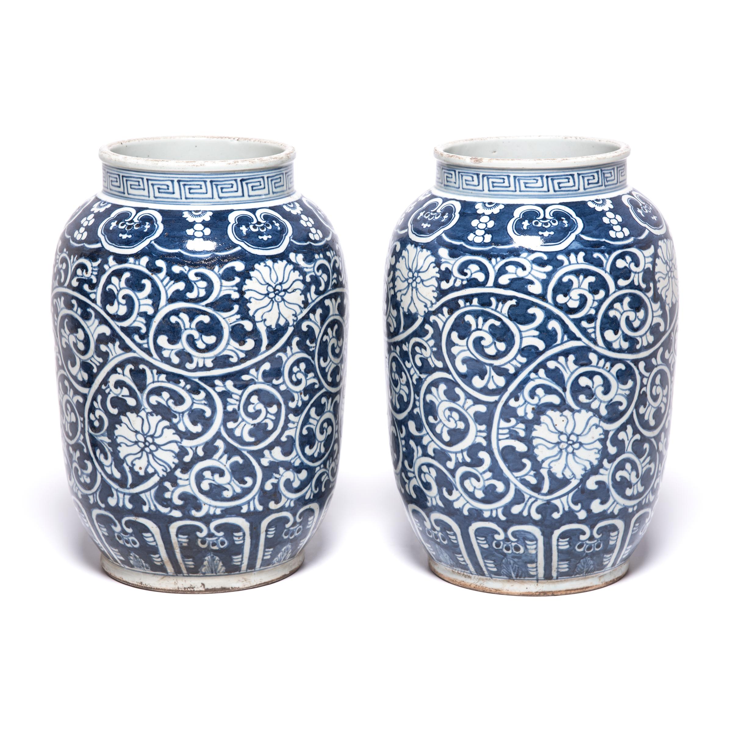 Ceramic Chinese Blue and White Scrolling Vine Jar For Sale