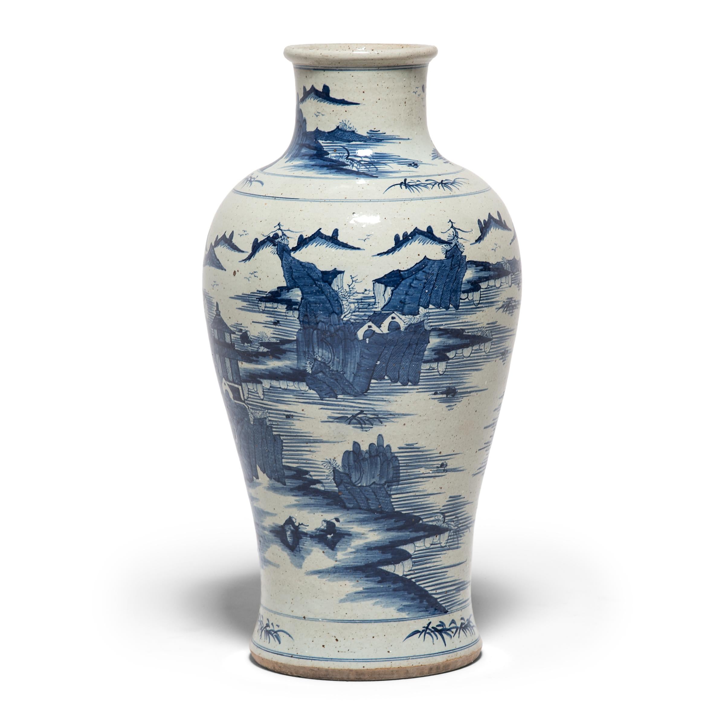 Introduced to Europe in the 14th century, Chinese blue-and-white porcelains were highly sought after as luxury items and are still avidly collected by connoisseurs today. This bottle-shaped vase from Jiangxi province is decorated with a landscape