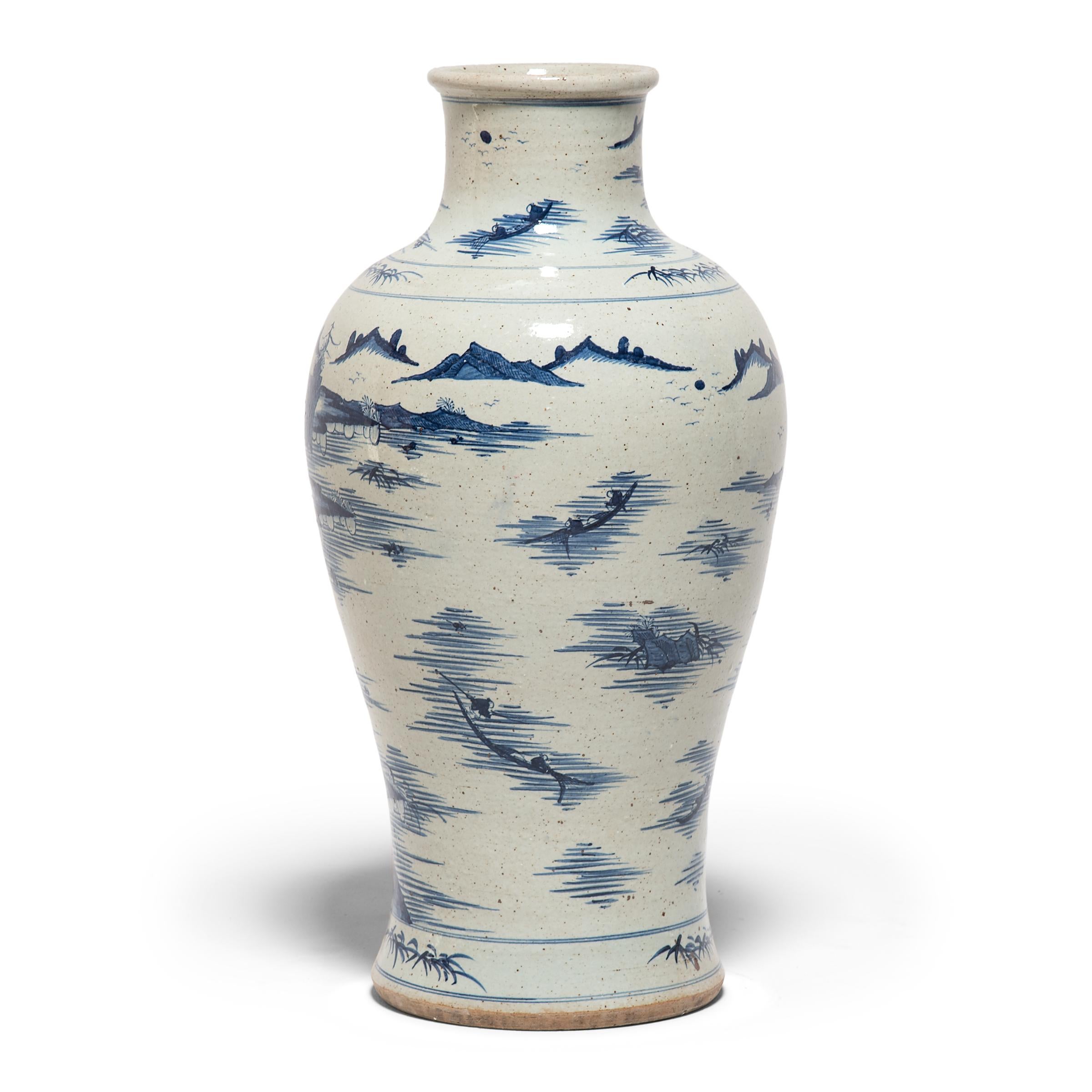 Glazed Chinese Blue and White Shan Shui Vase For Sale