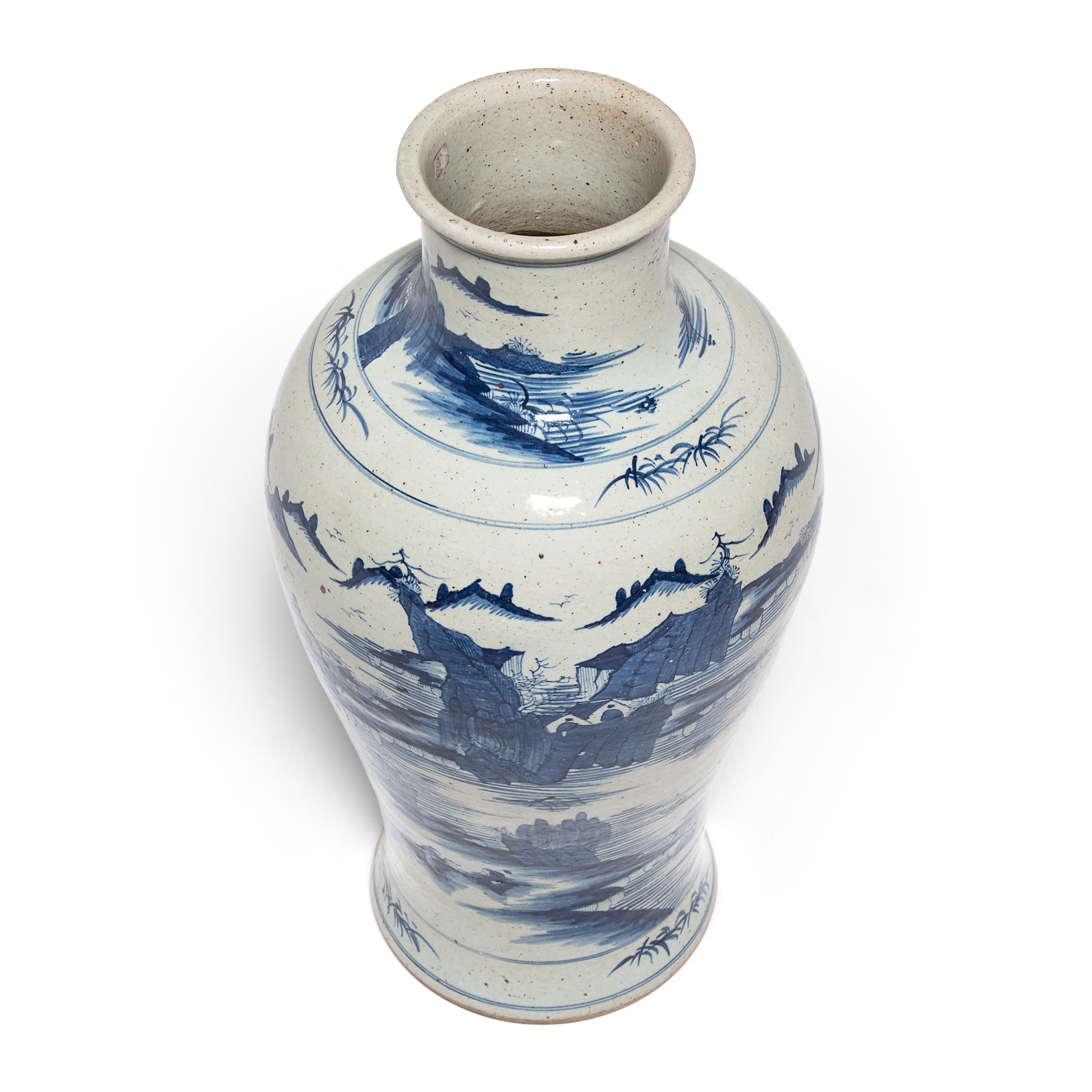 Contemporary Chinese Blue and White Shan Shui Vase For Sale