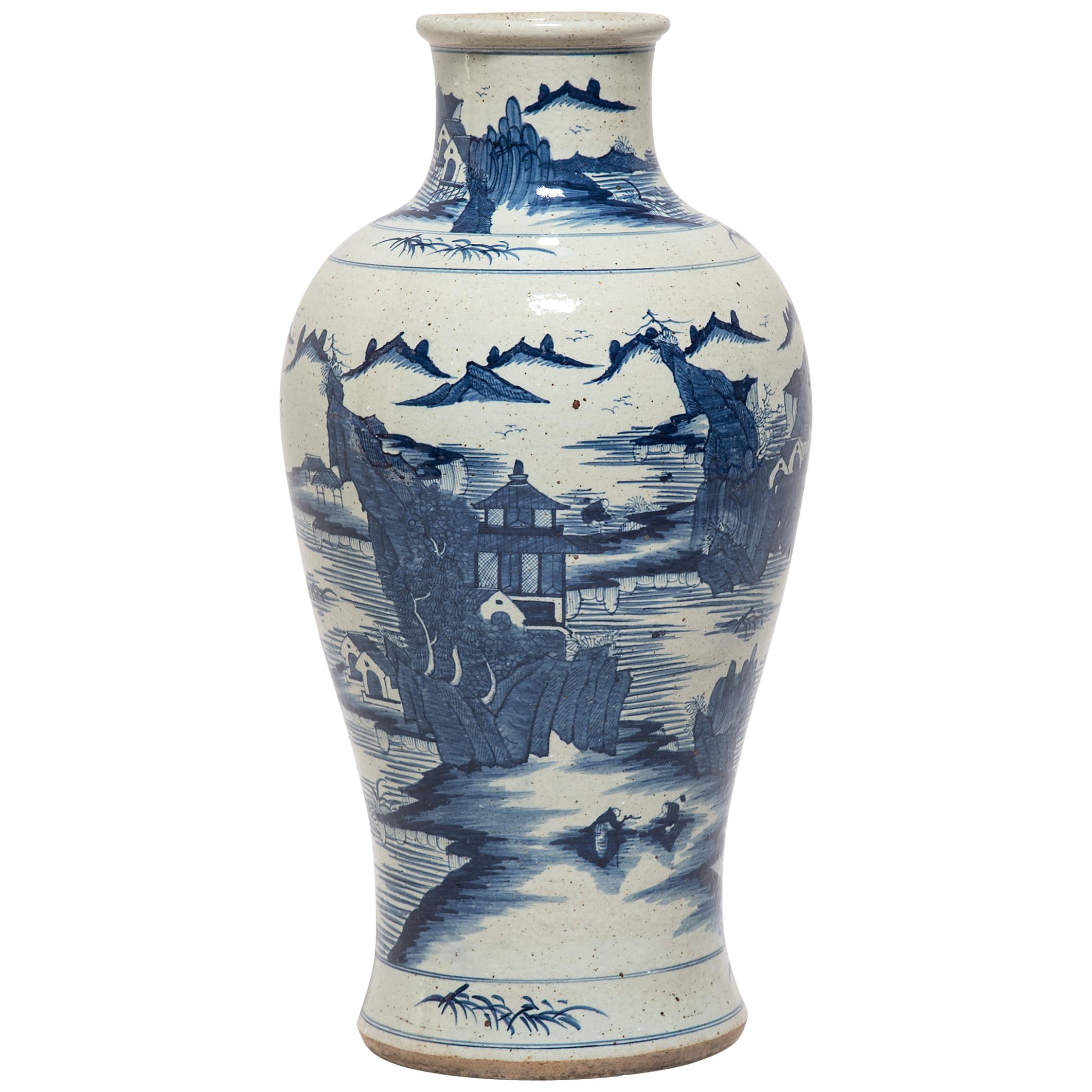 Vase Shan Shui chinois bleu et blanc