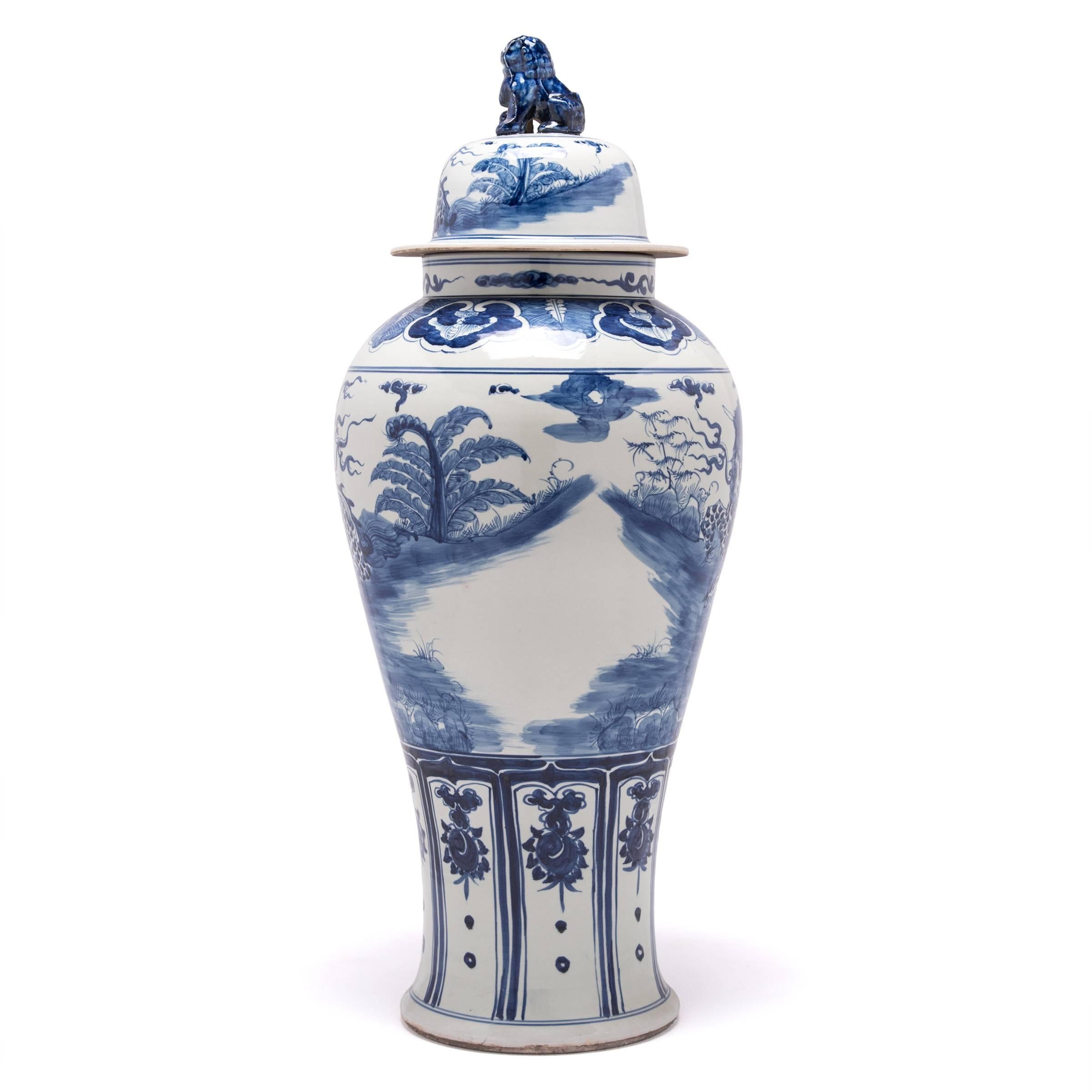 Qilin, Chinese mythical creatures symbolizing magnificence, joy, and benevolence, dominate the decoration of this hand-painted porcelain ginger jar. Chinese blue-and-white ceramics have inspired ceramists worldwide since cobalt was first introduced