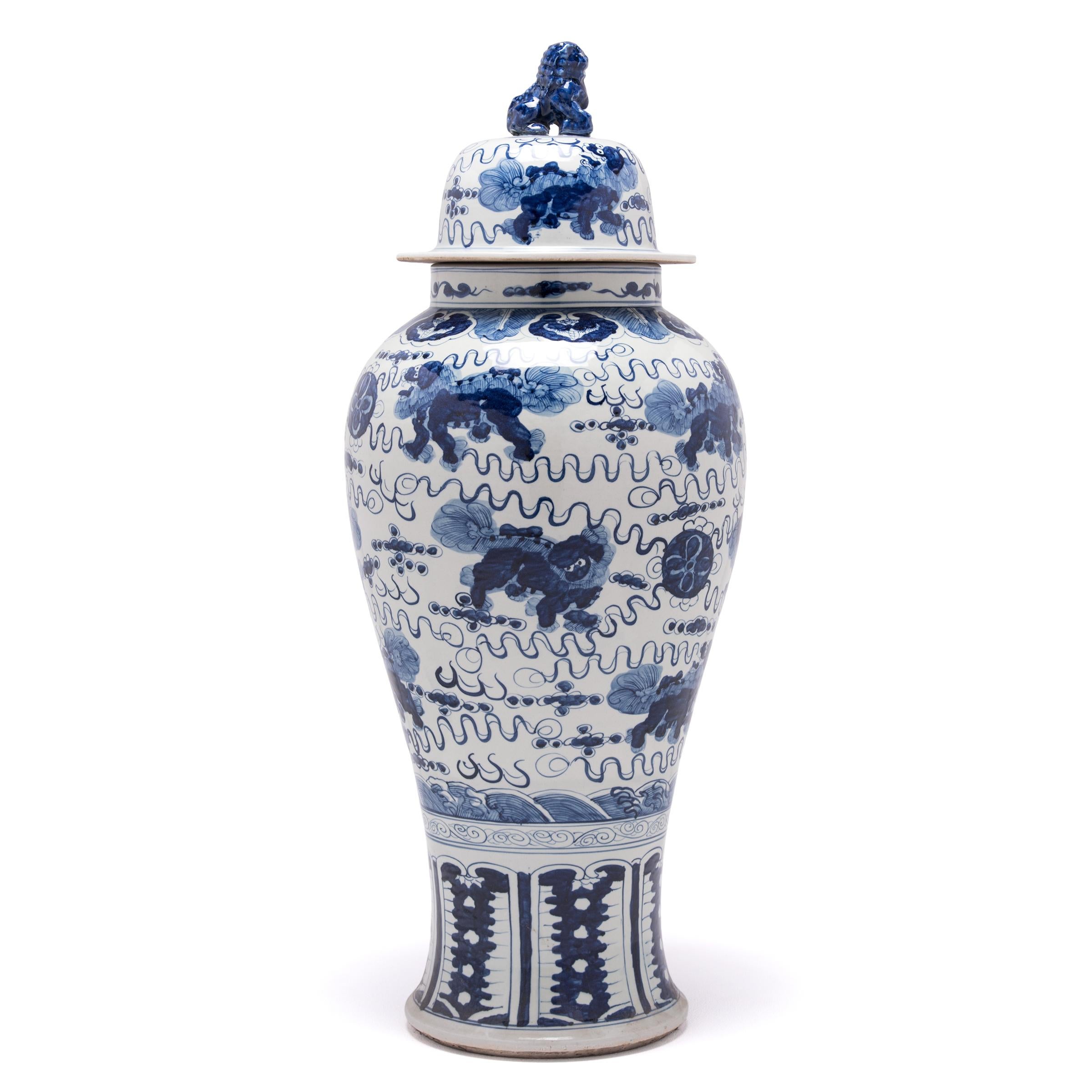 Contemporary Chinese Blue and White Shizi Ginger Jar