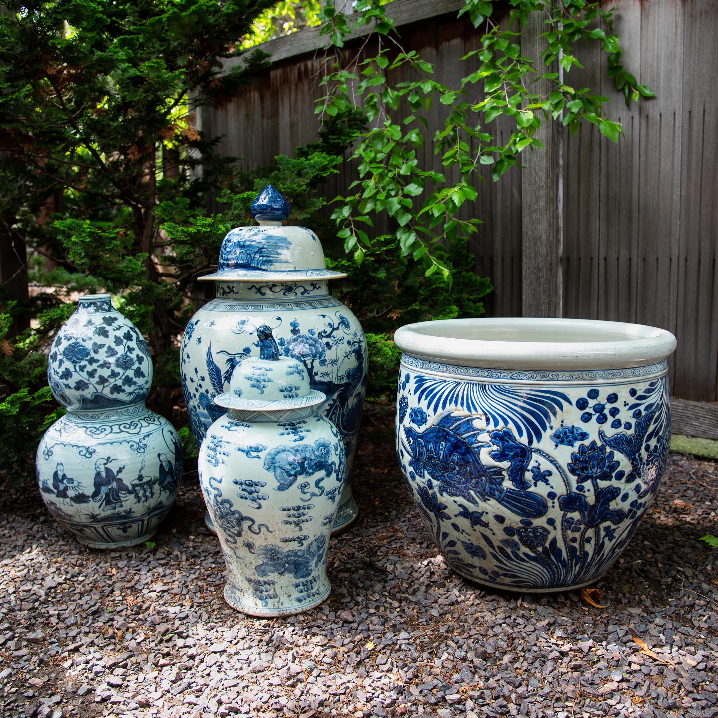 Contemporary Chinese Blue and White Shizi Jar For Sale