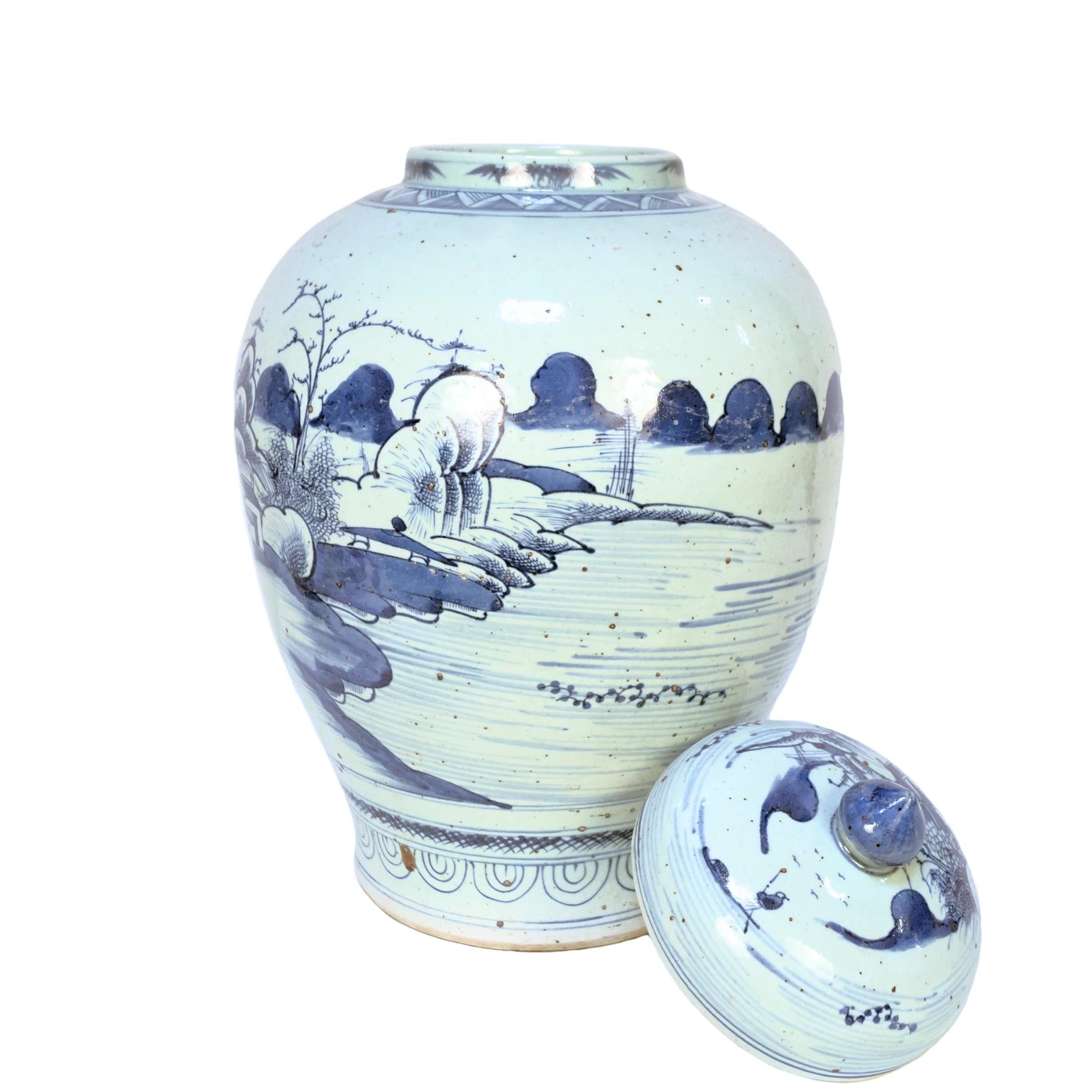 Chinese Export Chinese Provincial Blue and White Tea Leaf Jar For Sale