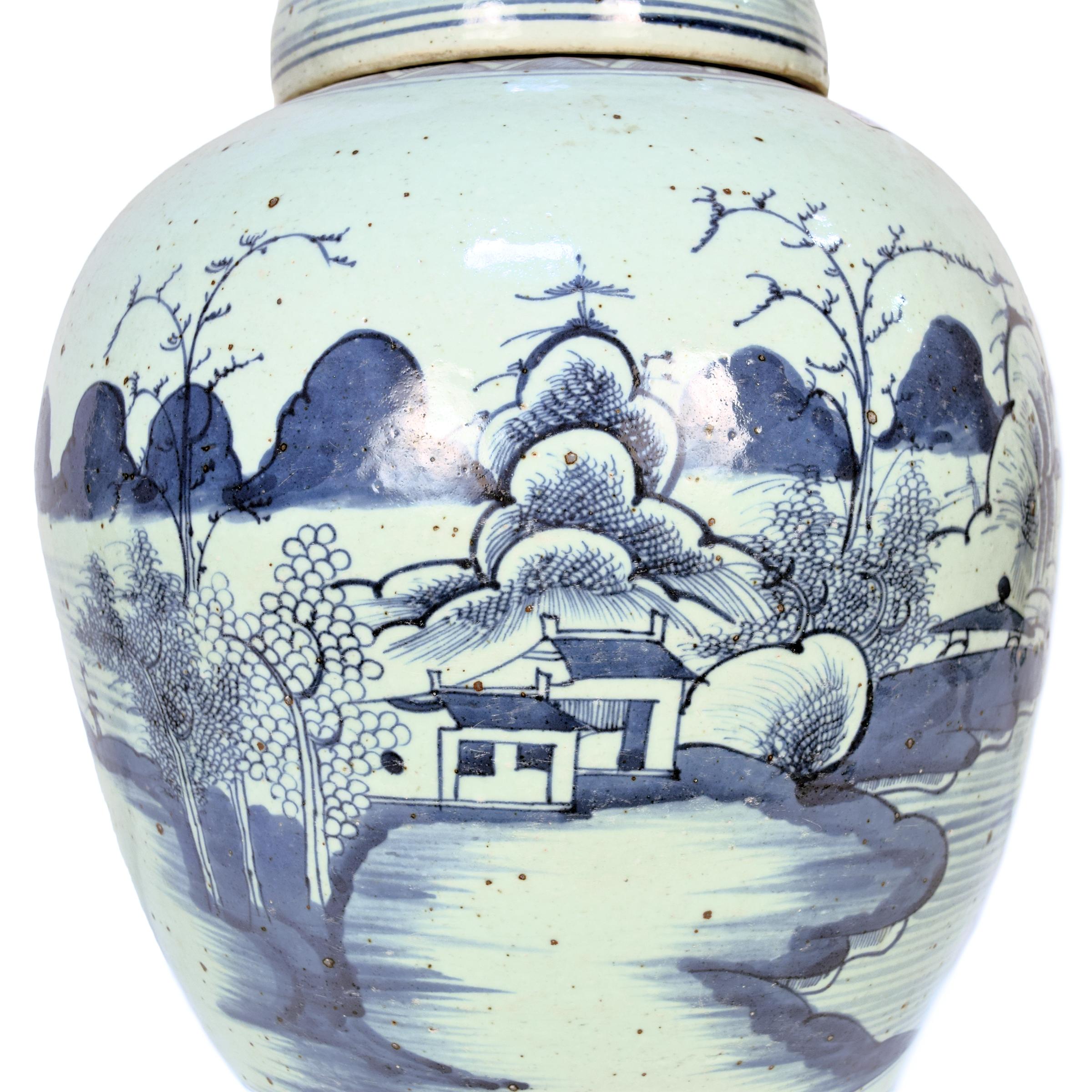 Glazed Chinese Provincial Blue and White Tea Leaf Jar For Sale