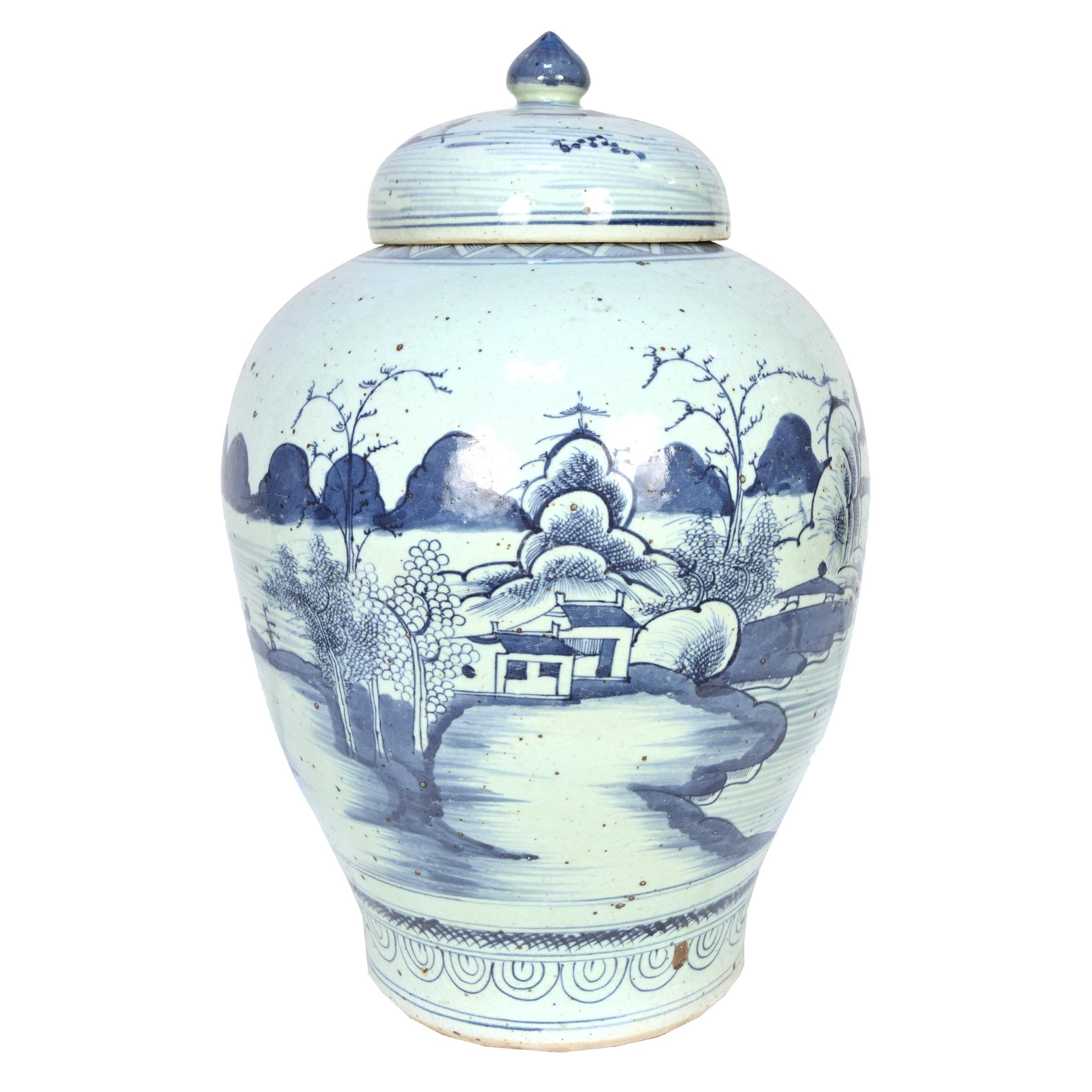 Chinese Provincial Blue and White Tea Leaf Jar For Sale