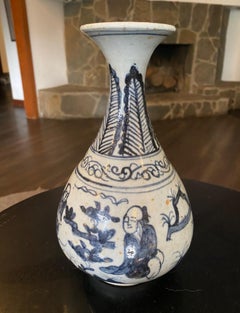 Chinese Blue and White Yuan or Ming Dynasty Yuhuchunping Ceramic Porcelain Vase