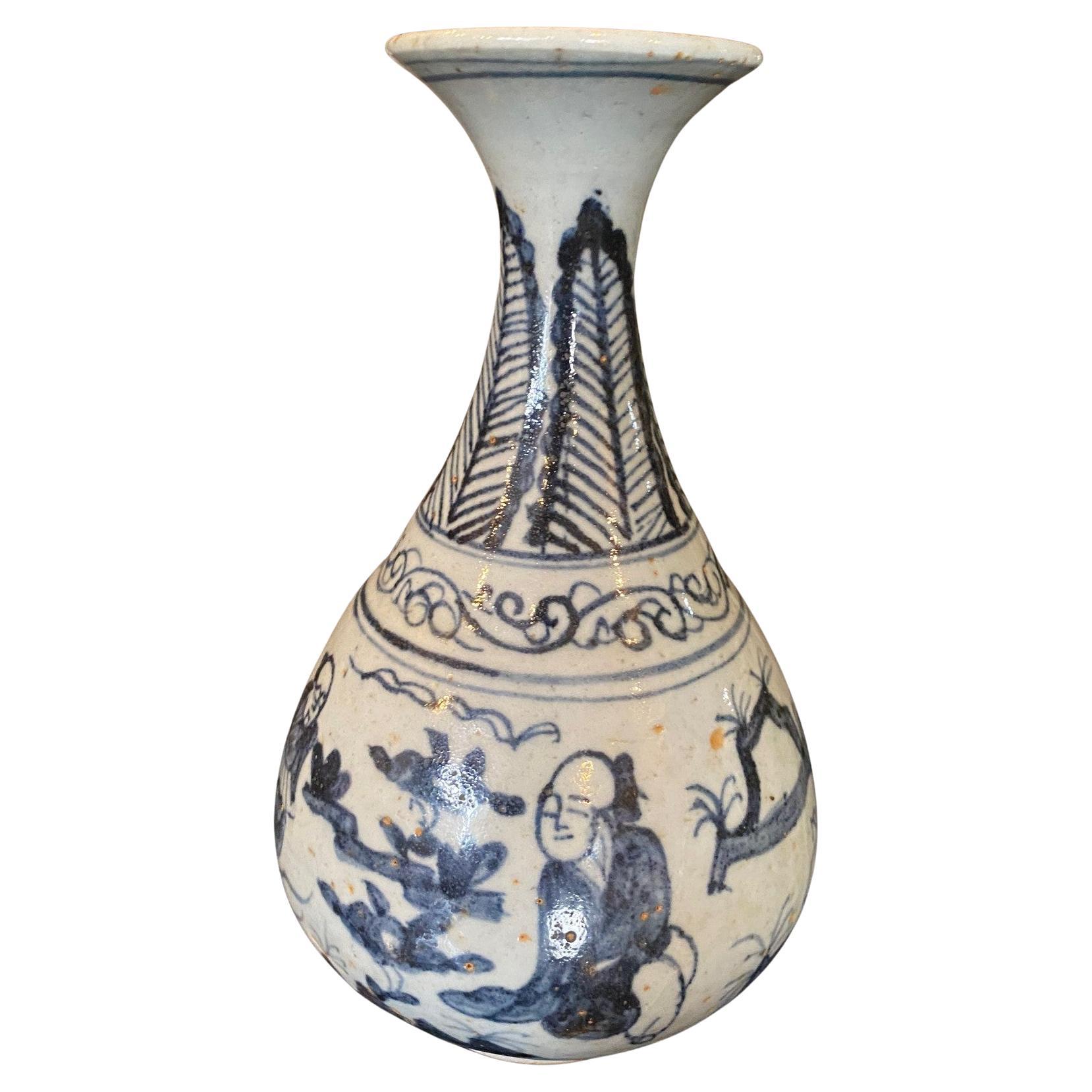 Chinese Blue and White Yuan or Ming Dynasty Yuhuchunping Ceramic Porcelain Vase For Sale