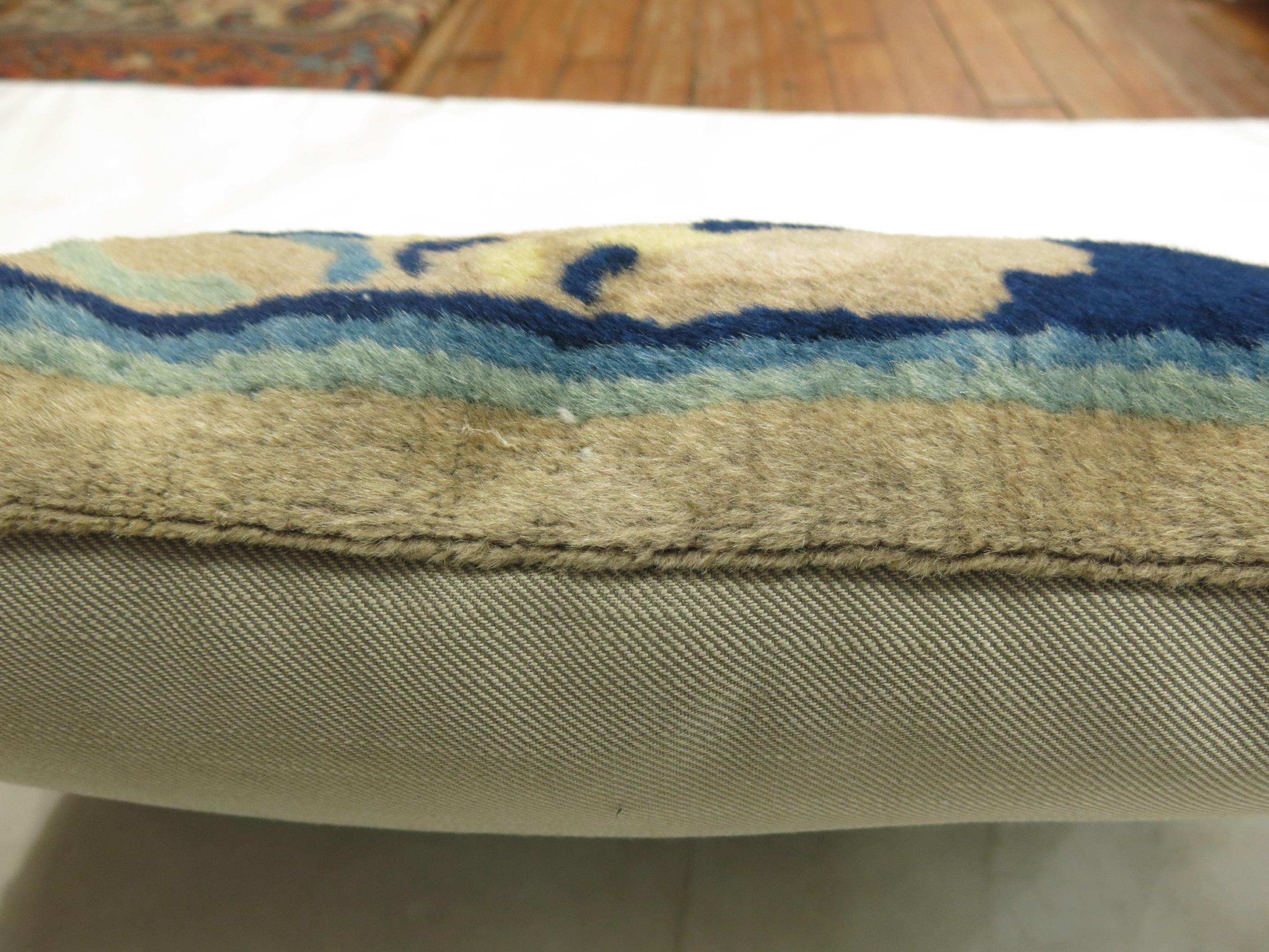 Chinoiserie Chinese Blue Beige Bolster Rug Pillow