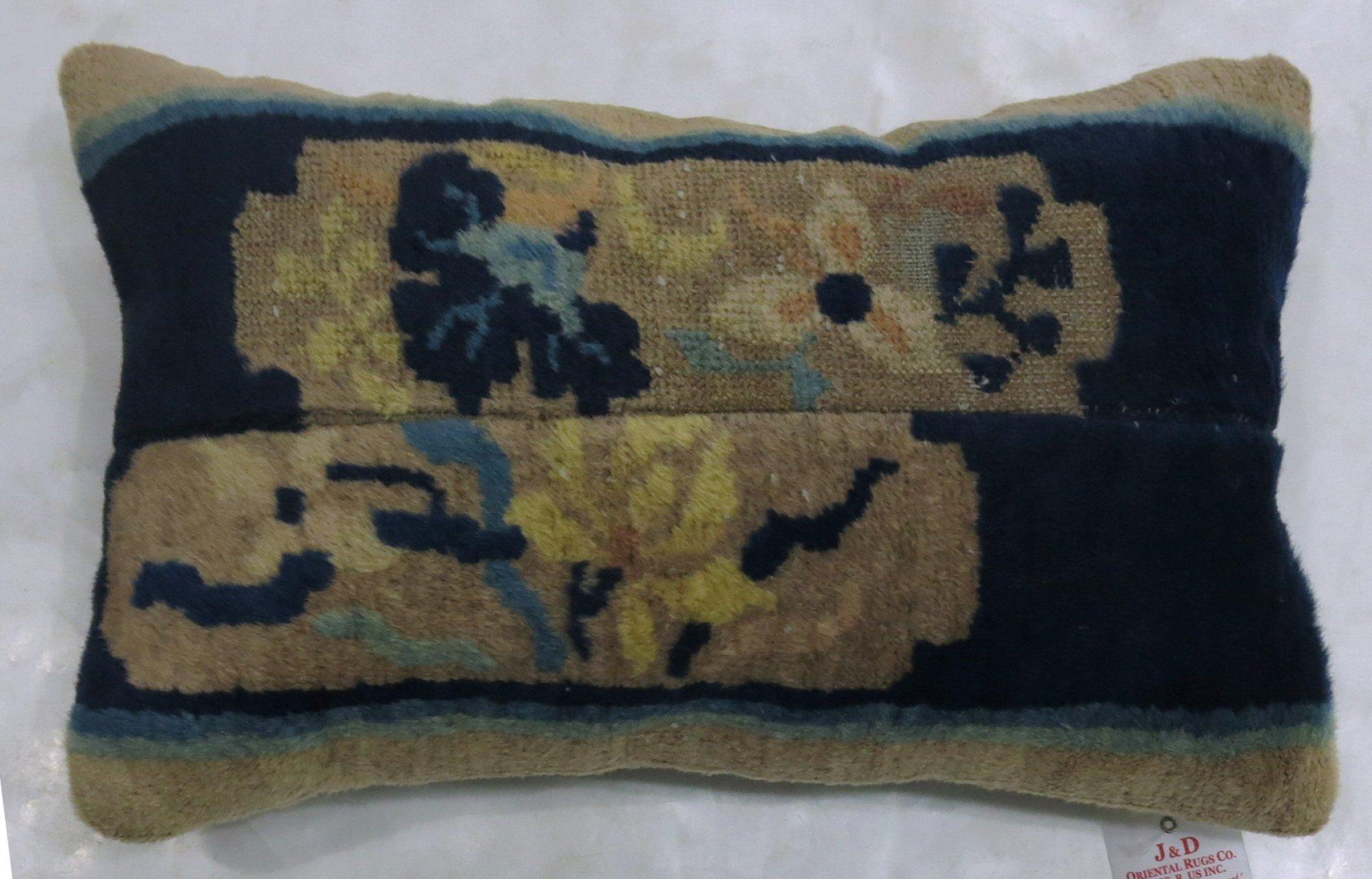 Hand-Knotted Chinese Blue Beige Bolster Rug Pillow