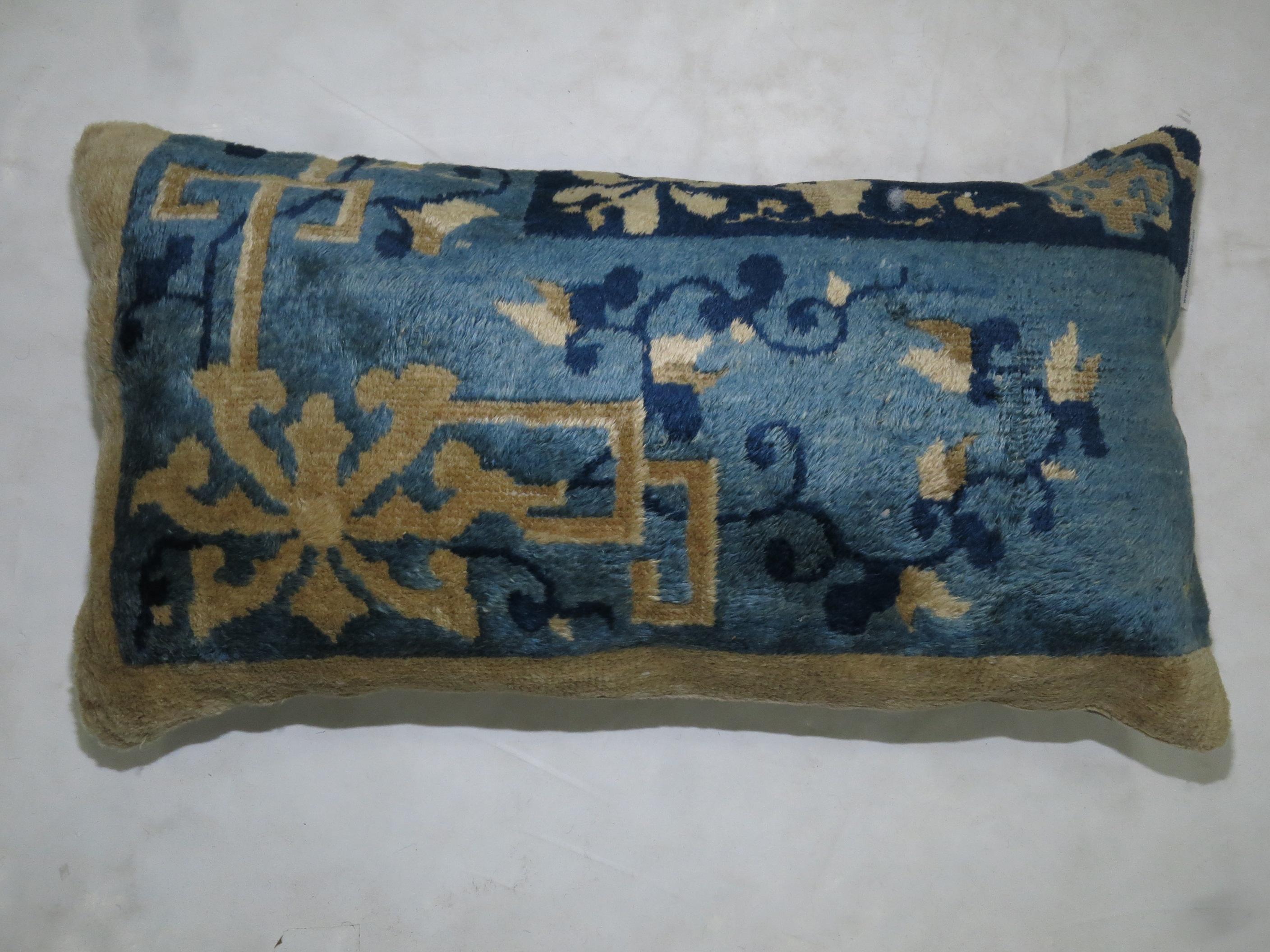 Chinoiserie Chinese Blue Beige Bolster Rug Pillow