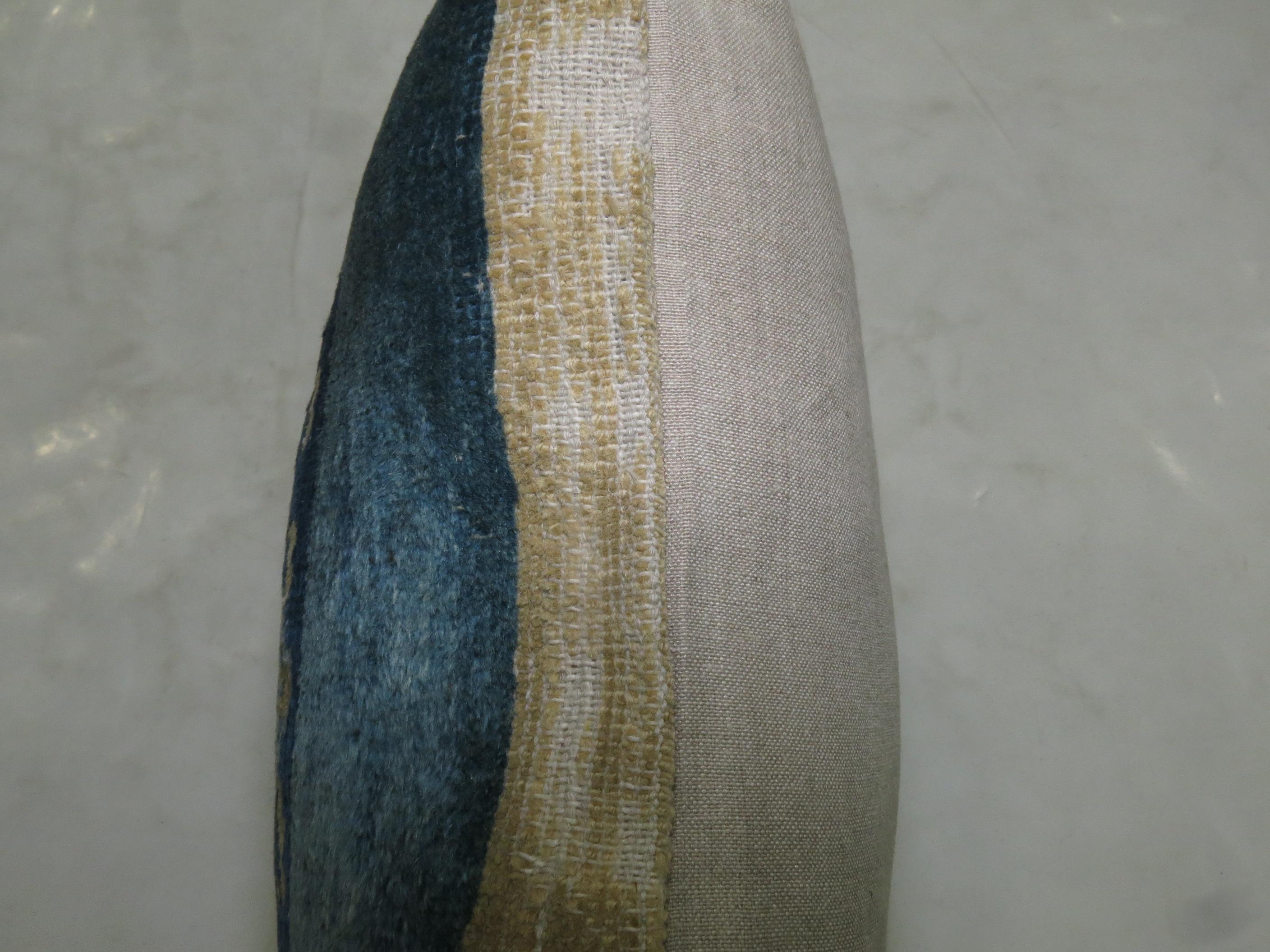 Hand-Knotted Chinese Blue Beige Bolster Rug Pillow