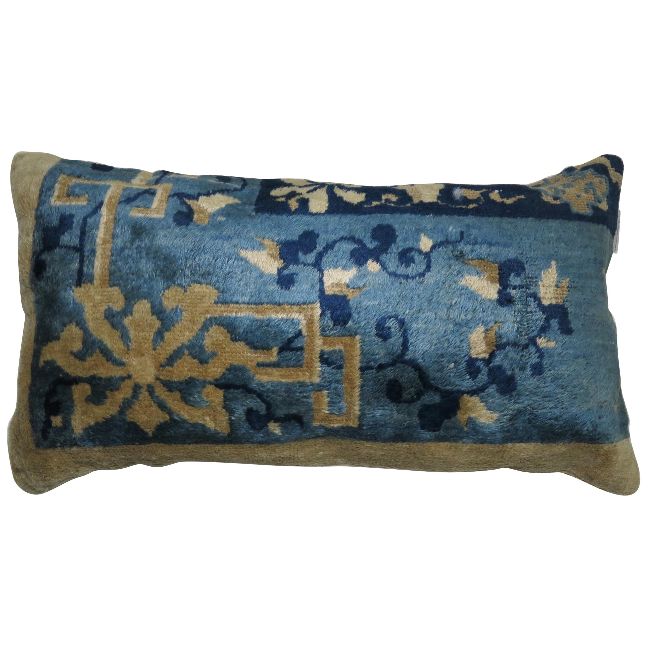 Chinese Blue Beige Bolster Rug Pillow