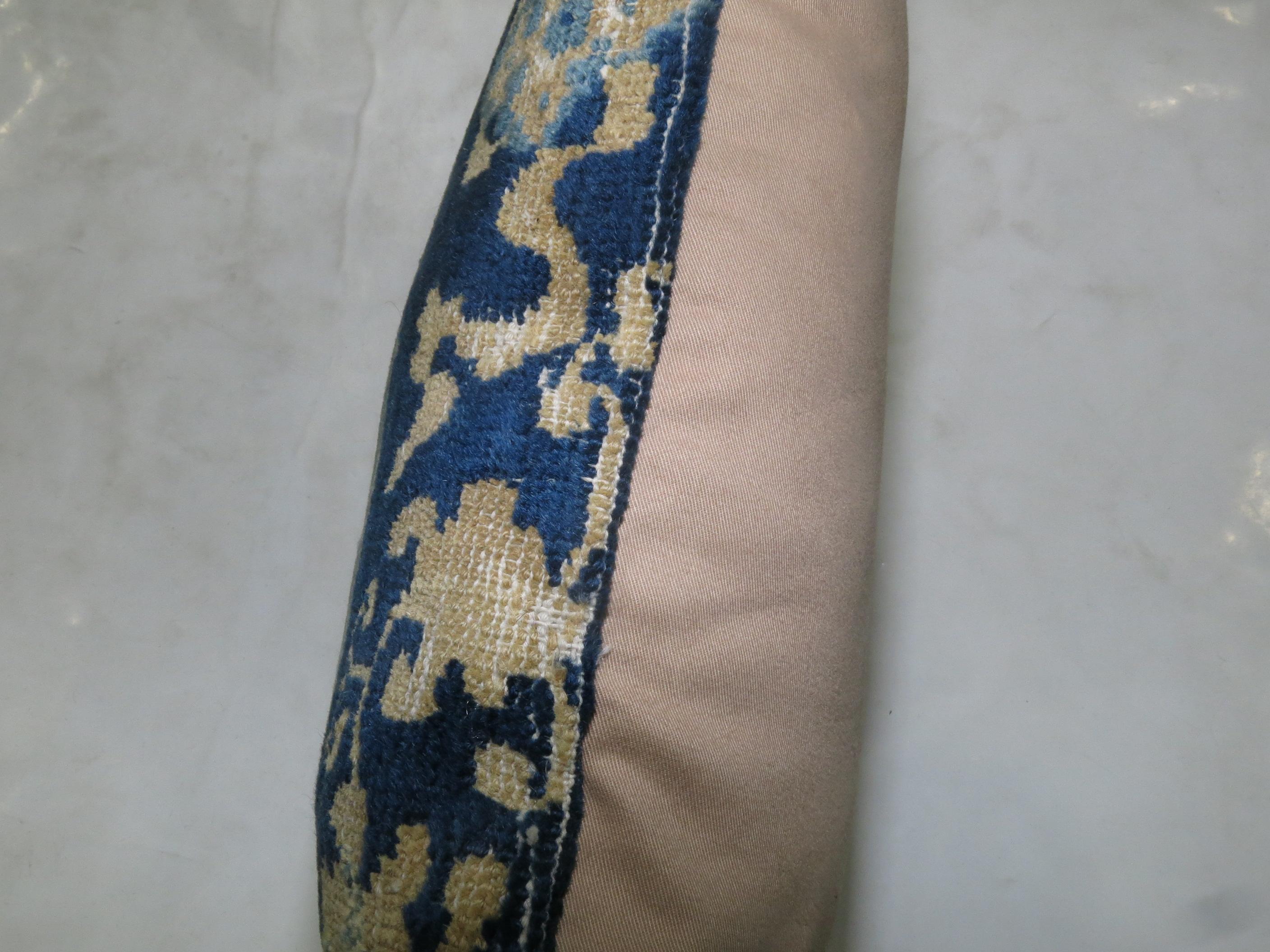 Chinoiserie Chinese Blue Beige Lumbar Rug Pillow