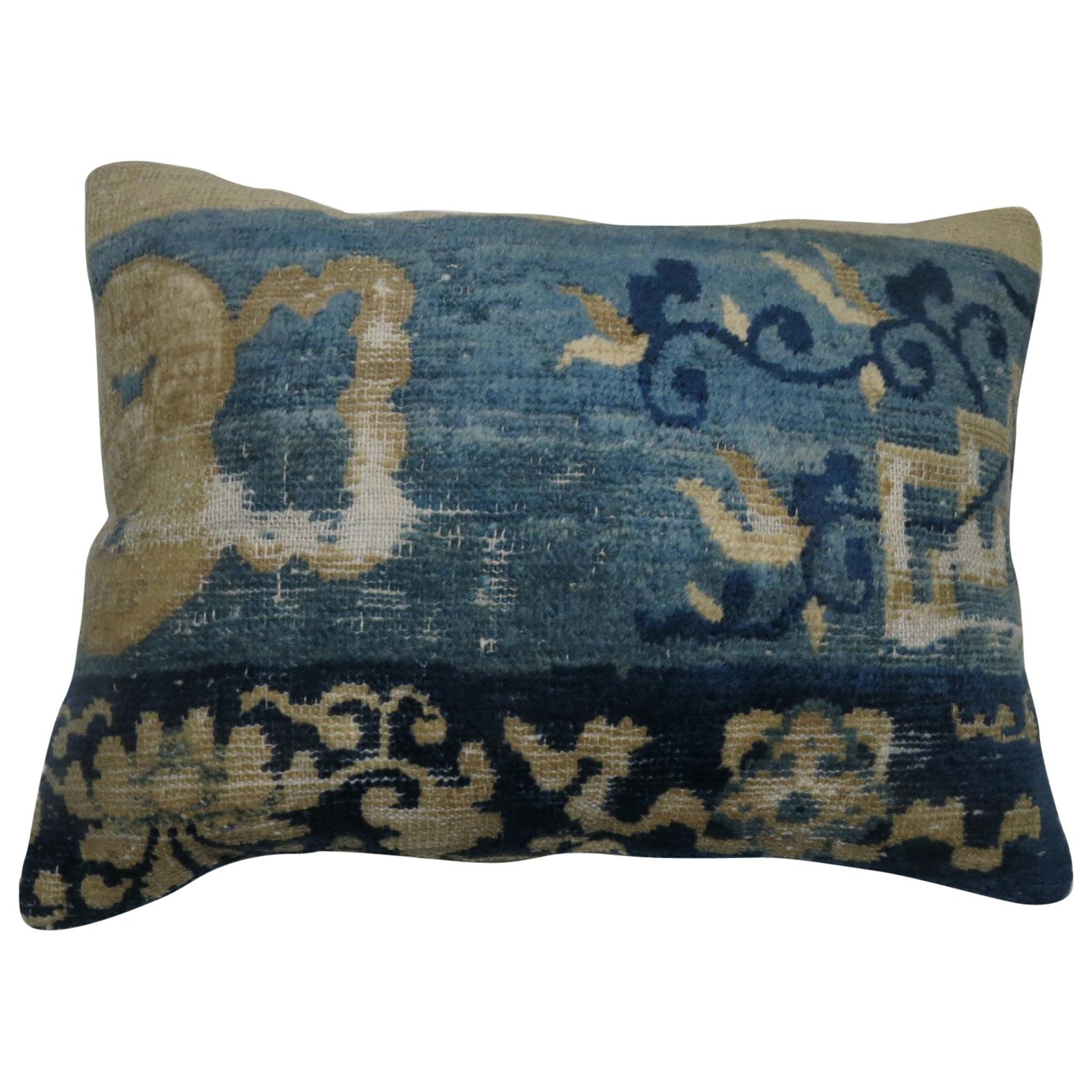 Chinese Blue Beige Lumbar Rug Pillow