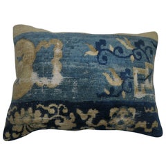 Chinese Blue Beige Lumbar Rug Pillow