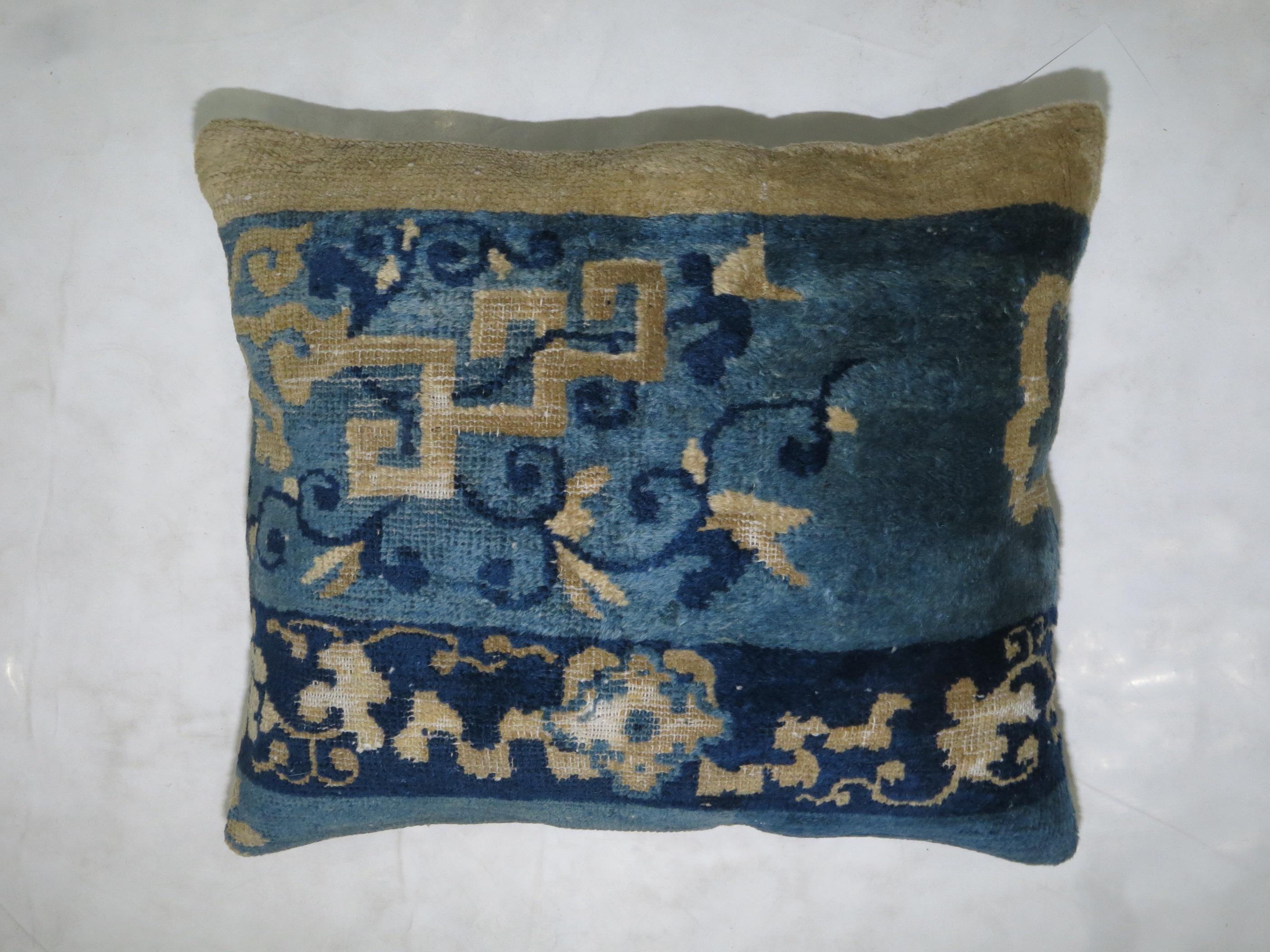 Hand-Knotted Chinese Blue Beige Rug Pillow