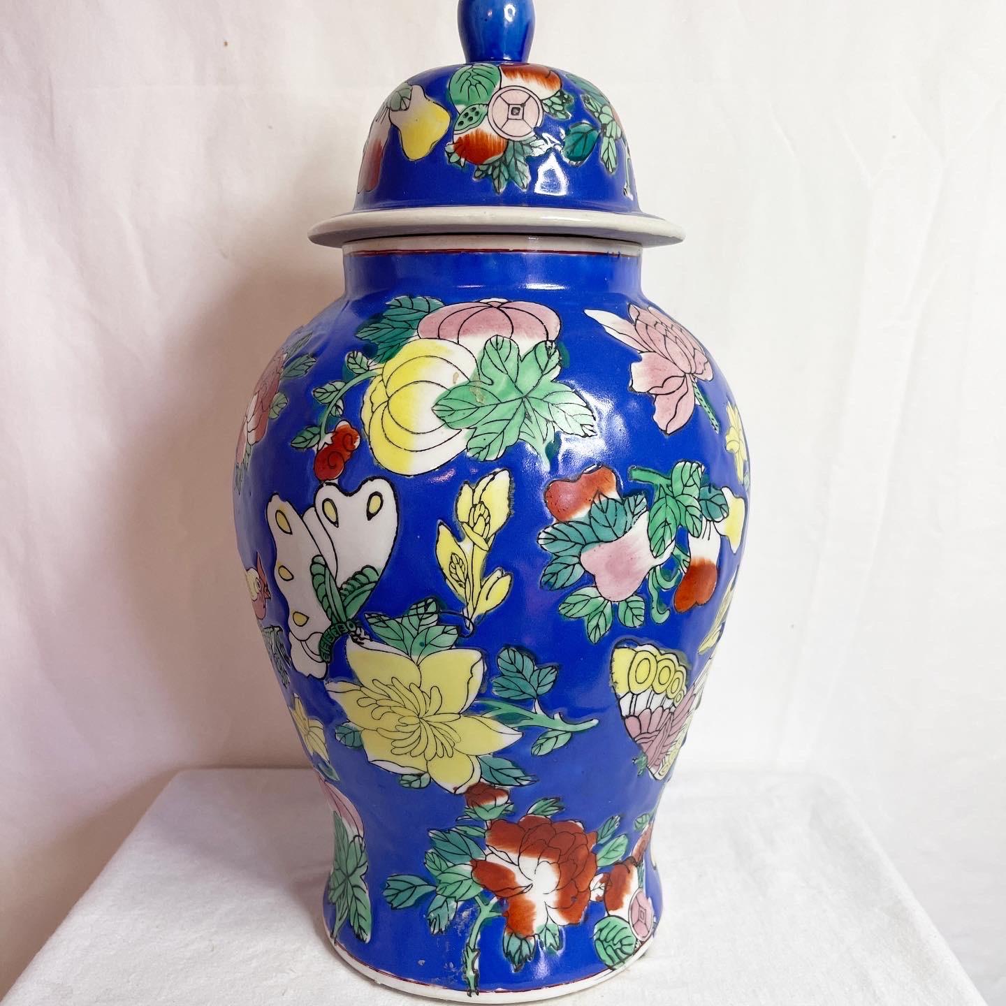 Chinese Export Chinese Blue Butterflies and Flowers Jar